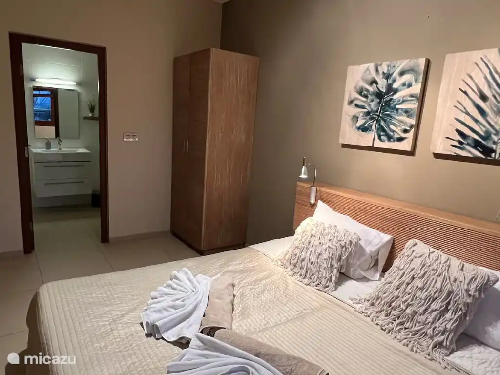 Schlafzimmer mit Doppelbett, Kleiderschrank und direktem Zugang zum Badezimmer.