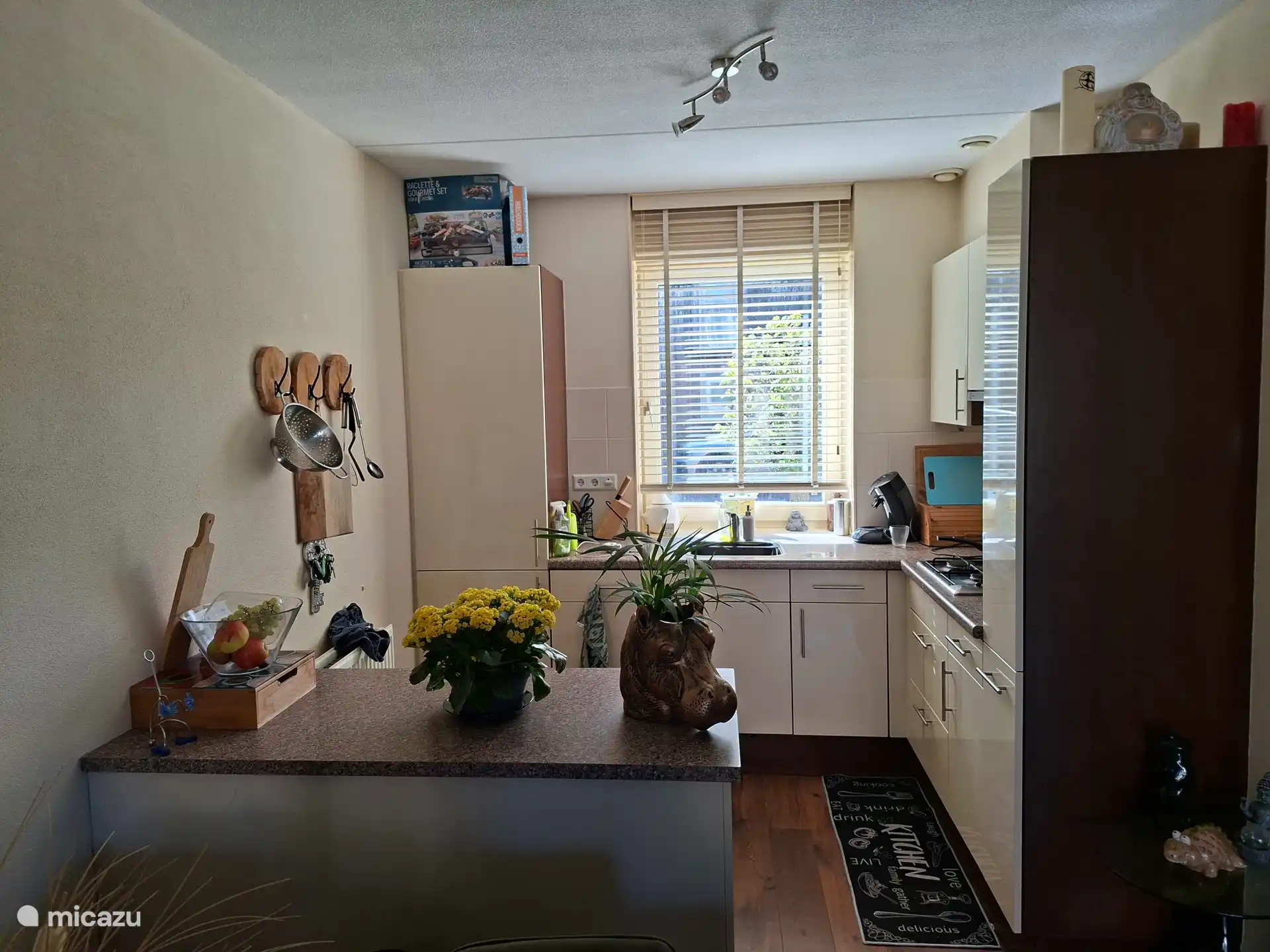 Keuken met vaatwasser, gaskookpit, koelkast en oven.