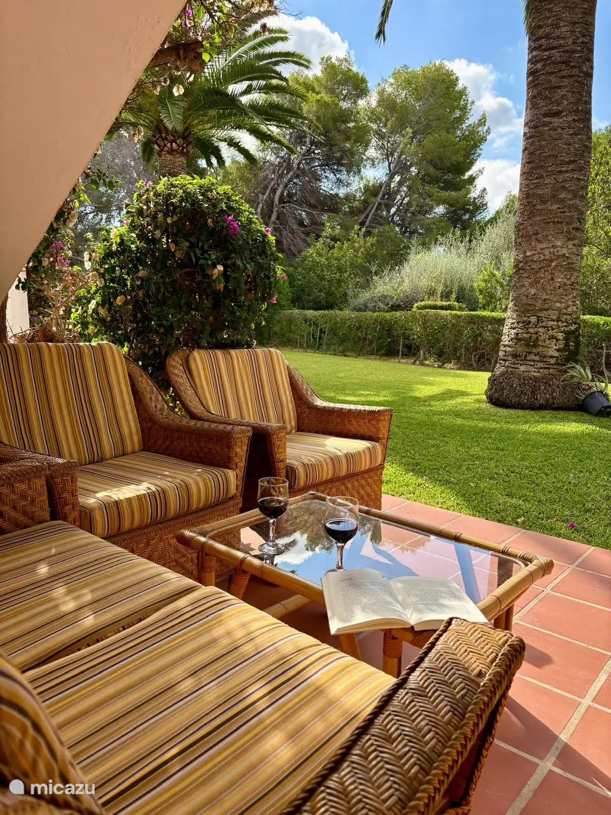 Lovely south-facing terrace, which connects to a communal garden. Enjoy the beautiful view of the palm trees here. - South-facing terrace