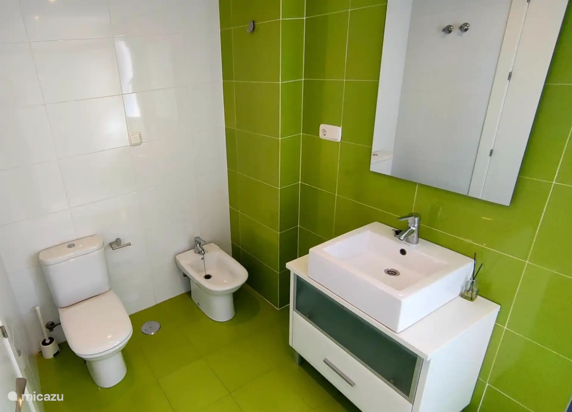 Badkamer is voorzien van een toilet, bidet, wastafel, doucheruimte en wasmand
