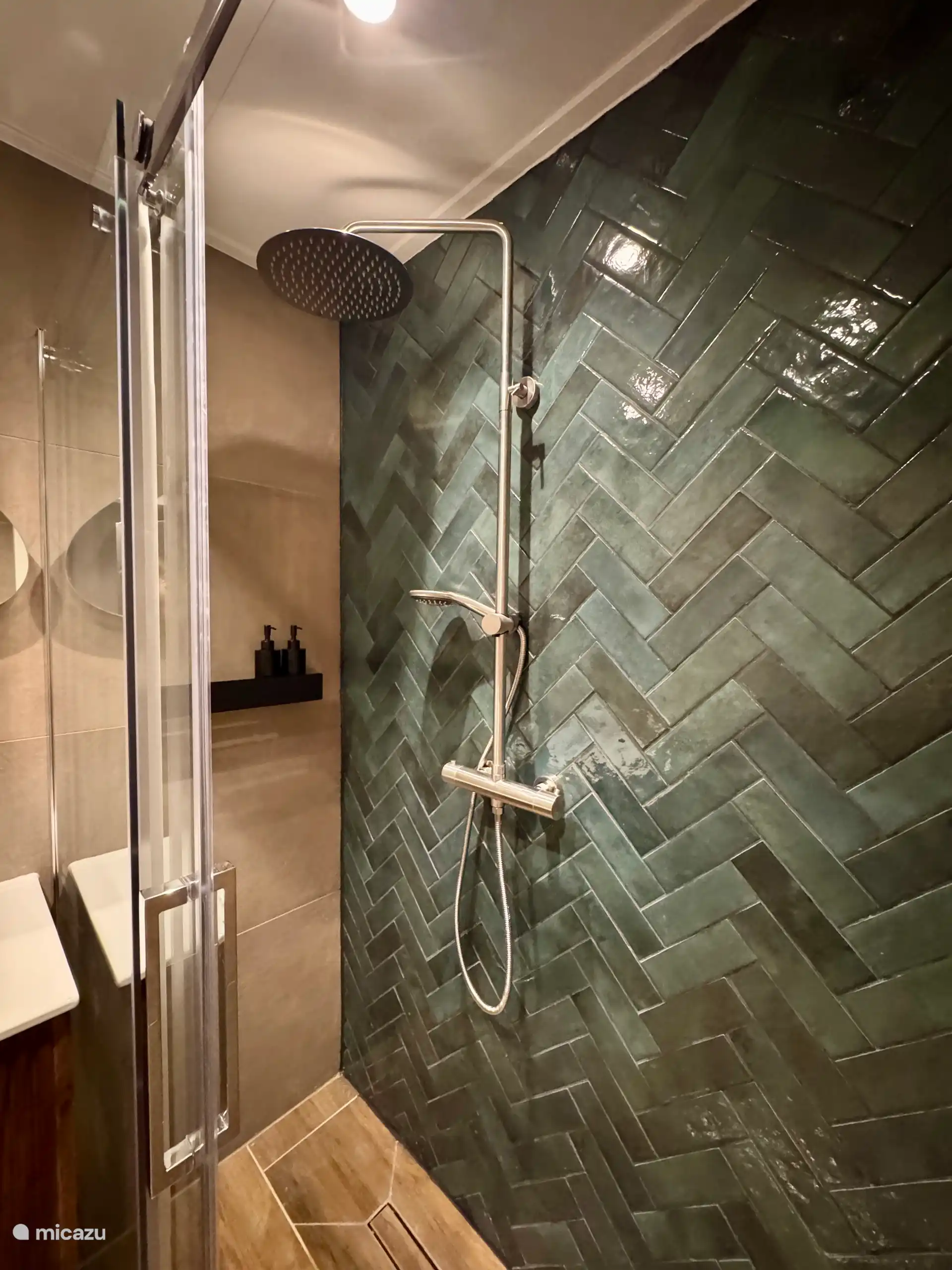 Die Regendusche mit Handdusche. Es gibt immer Shampoo und Duschgel. 