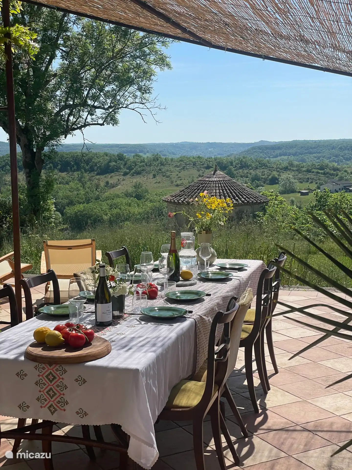 Grande terrasse avec une vue fantastique sur le jardin et la vallée. La terrasse est adjacente au salon et à la cuisine