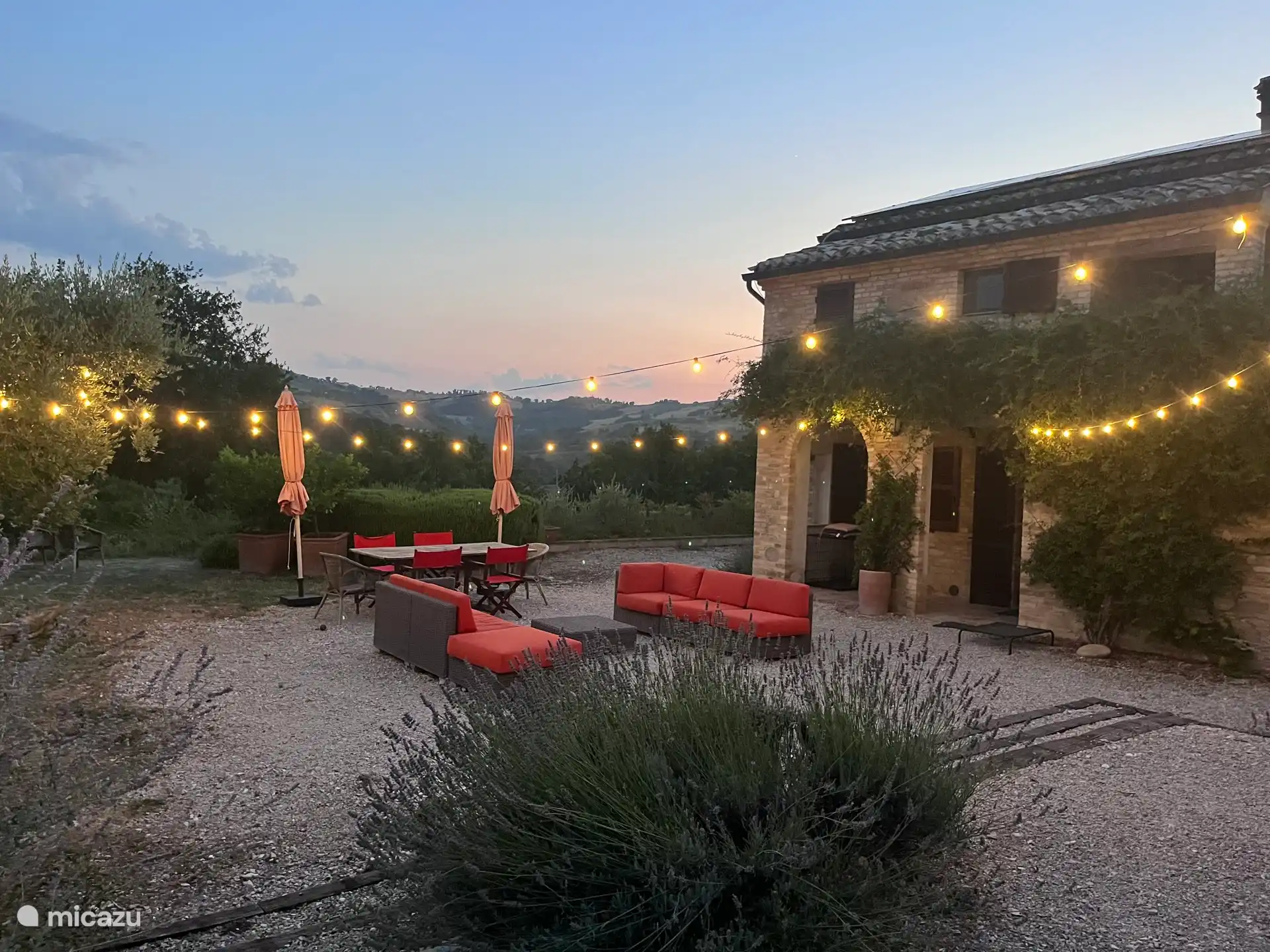 Outdoor seating at sunset