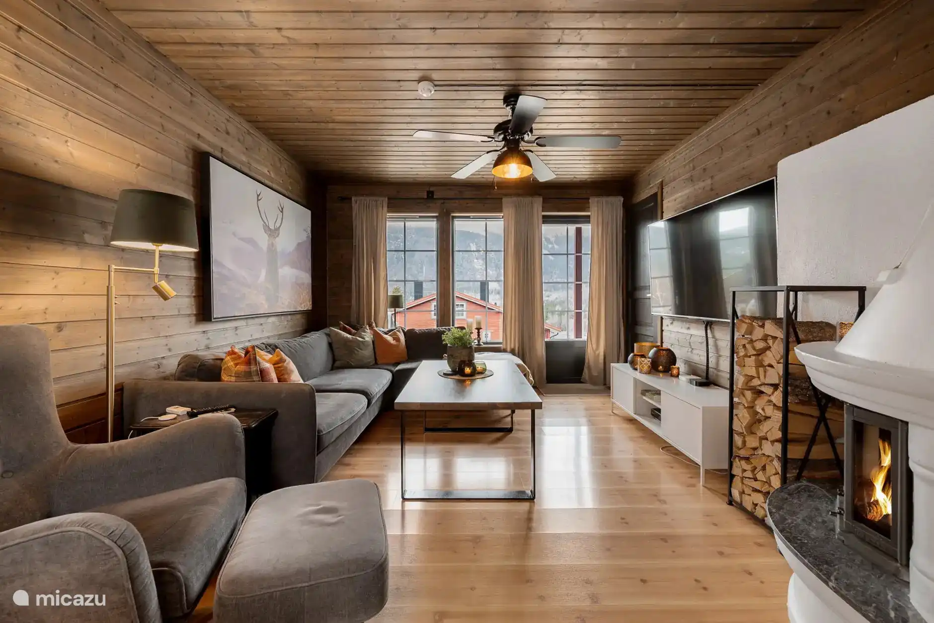 Living room with comfortable furniture, large TV and cozy fireplace behind secure glass doors. 