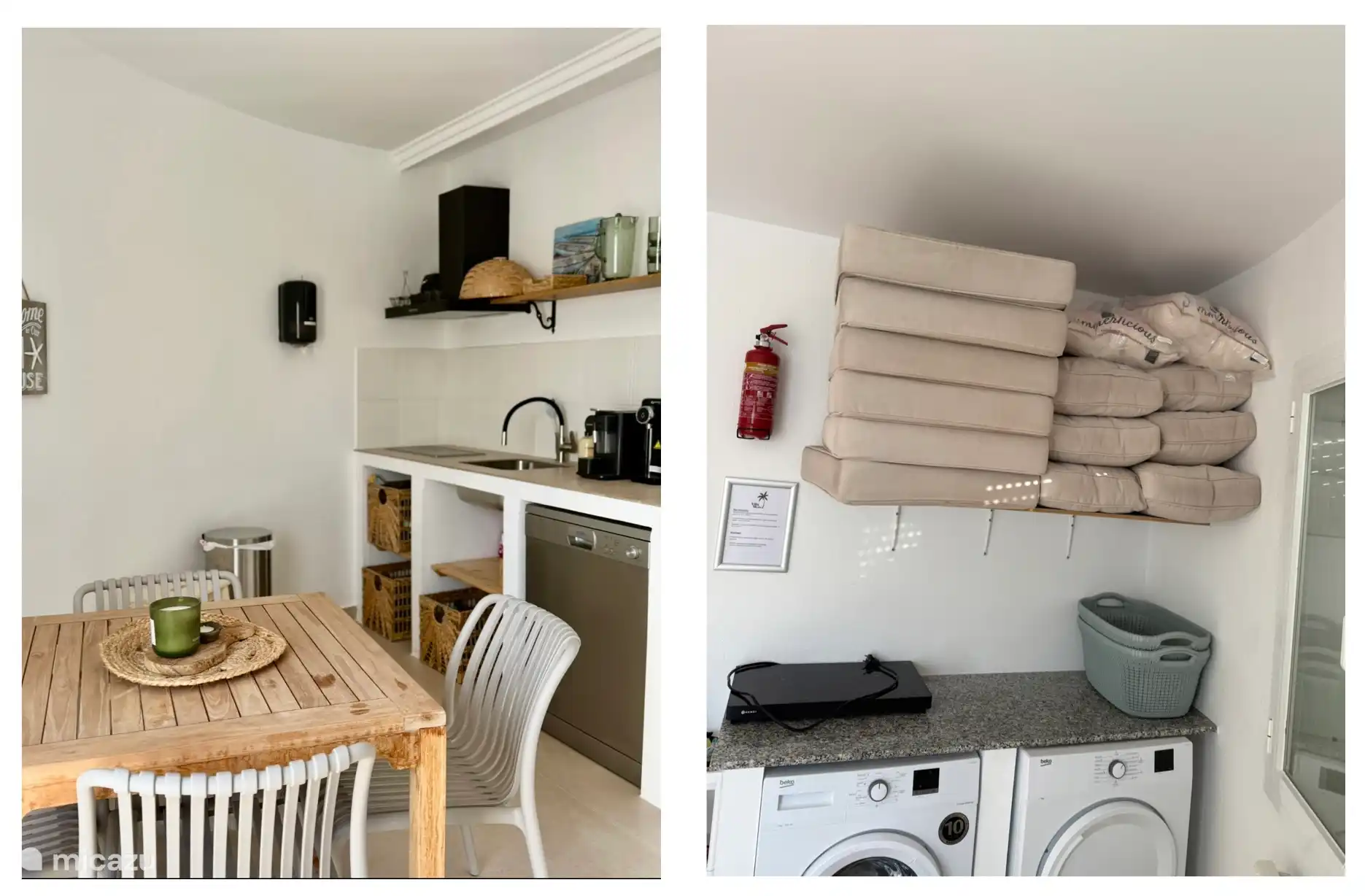 Despensa y zona de lavandería, abajo.

Cocina pequeña renovada en 2025 con lavavajillas, microondas, nevera, cocina, vajilla preciosa y asientos.

Lavandería: lavadora y secadora, instalaciones de planchado