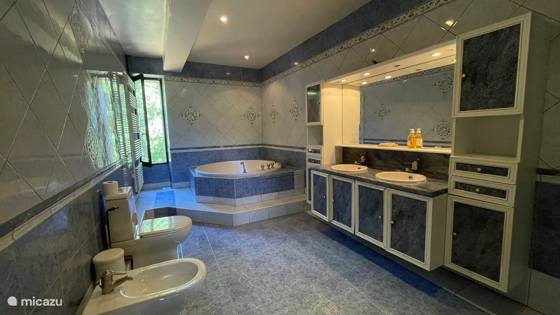 Badkamer met bad, bidet, toilet en waskom