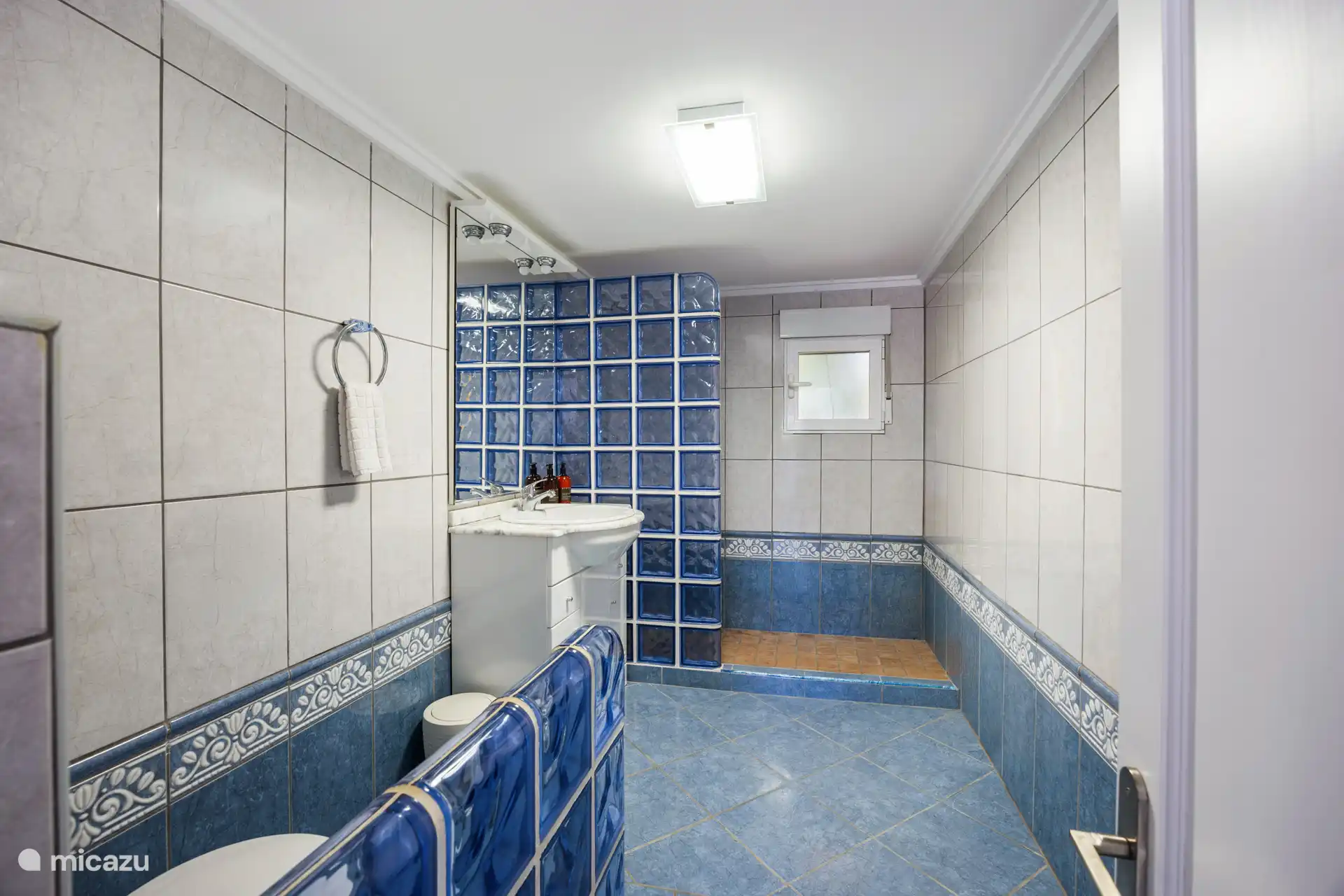 Salle de bain, appartement au rez-de-chaussée avec douche, lavabo et une touche bleue joyeuse. A son propre caractère, comme le reste de la maison.