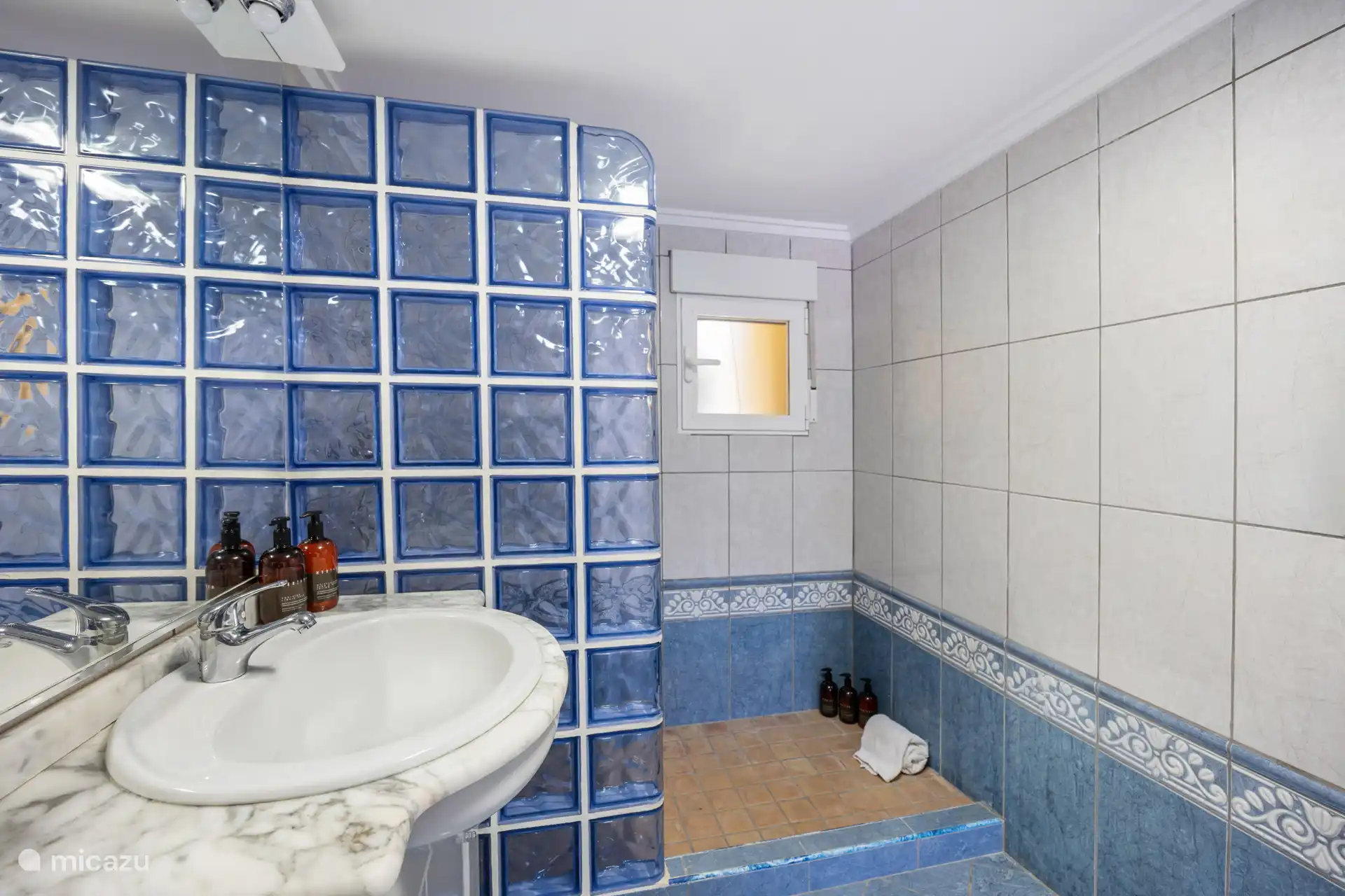 Salle de bain appartement au rez-de-chaussée — photo détaillée avec mur en blocs de verre et douche. Unique et atmosphérique, comme le reste de l’appartement du rez-de-chaussée.