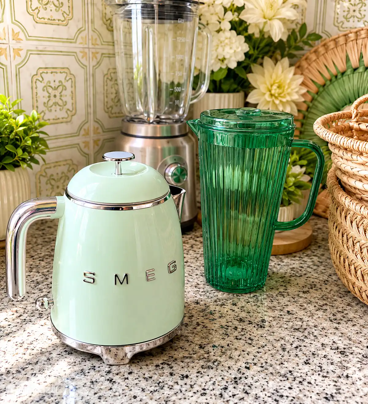 Küchendetails der Küche von Casa Verda mit echtem Smeg-Apparateur und gemütlichen bohemischen Elementen.