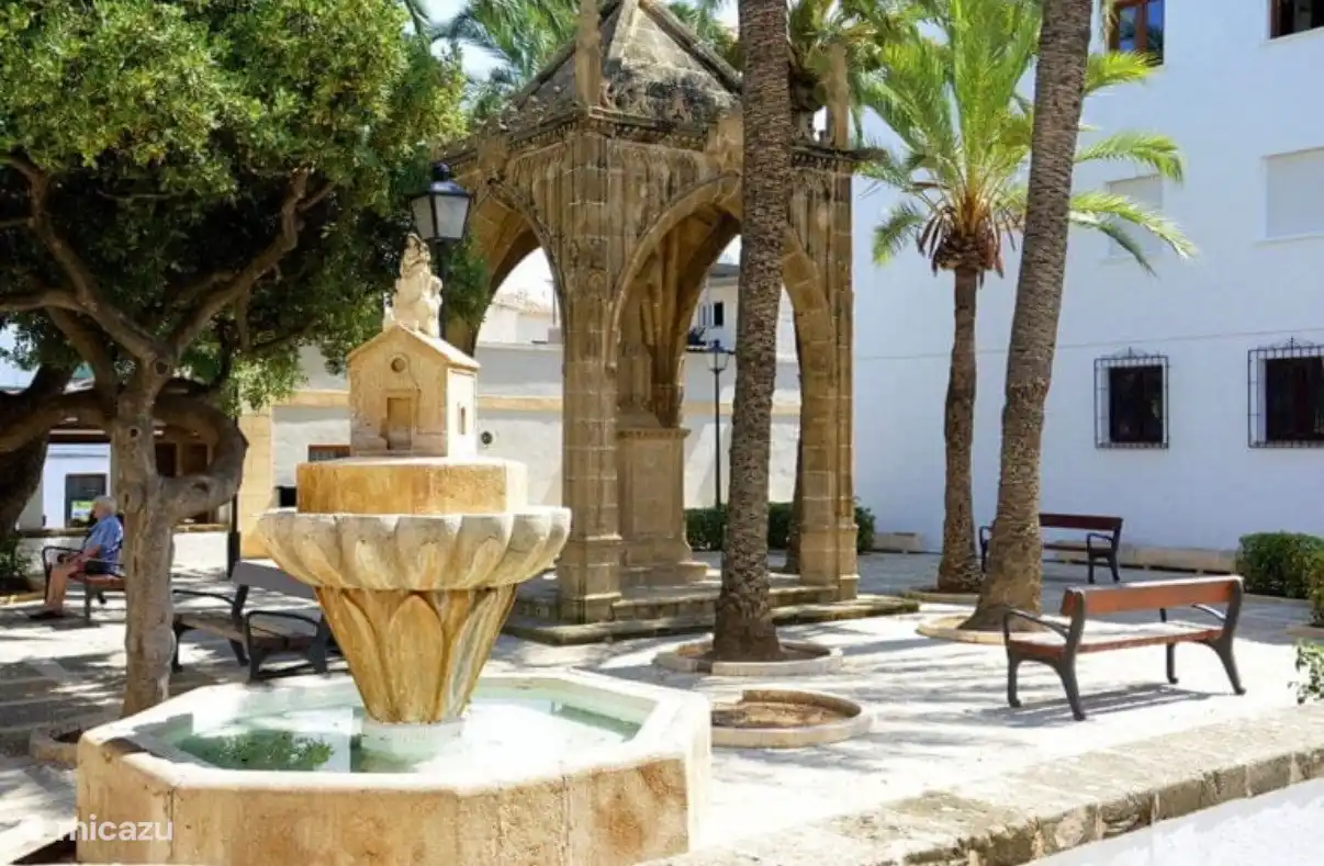 Au coin de notre rue se trouve la « Plaza del mestre tosquer Vicent de Gràcia » / Jardin de Loreto, la place avec des bancs, des palmiers et une fontaine.