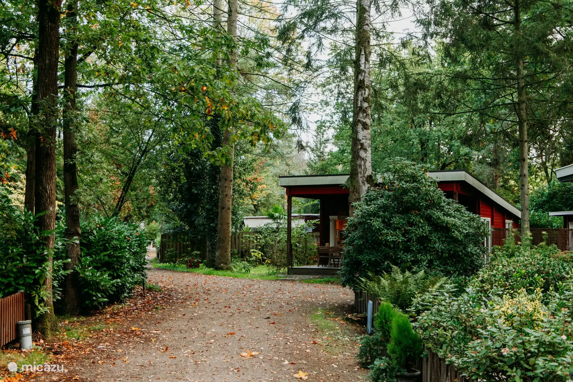 Hidden between the tall trees in the green.