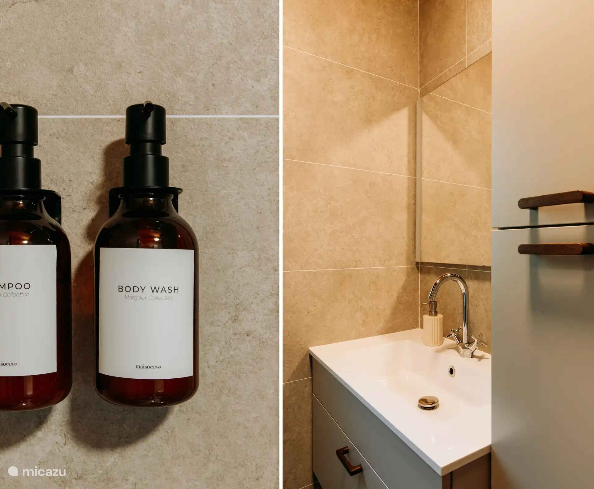 Shampoo, conditioner and shower gel are included. Washbasin furniture with mirror and hair dryer. A towel radiator is also provided.