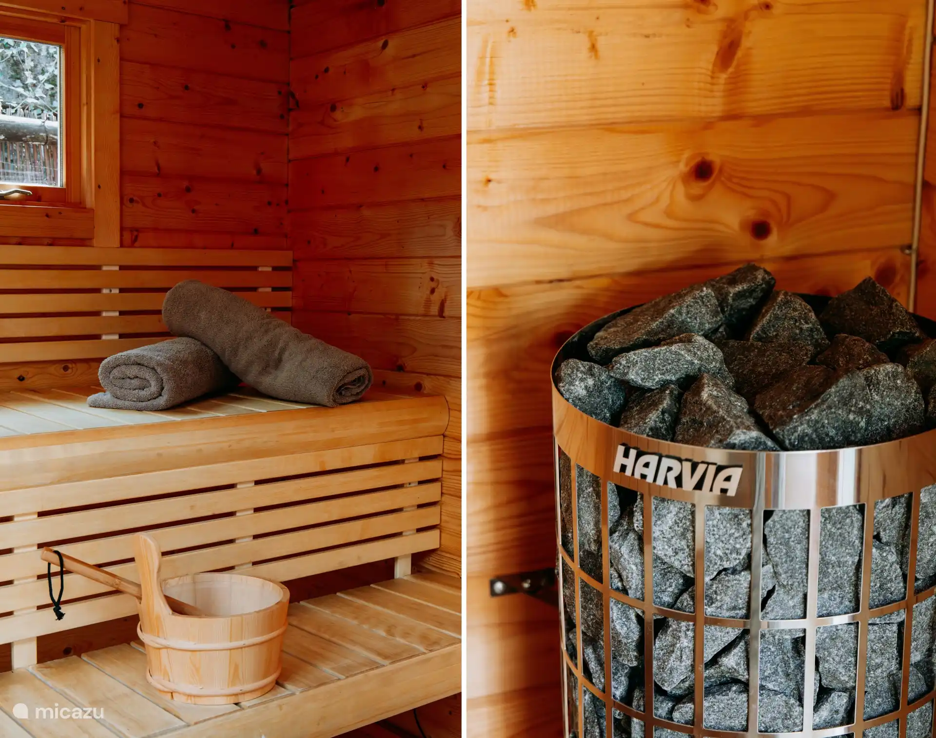 Extra-large sauna towels are included.