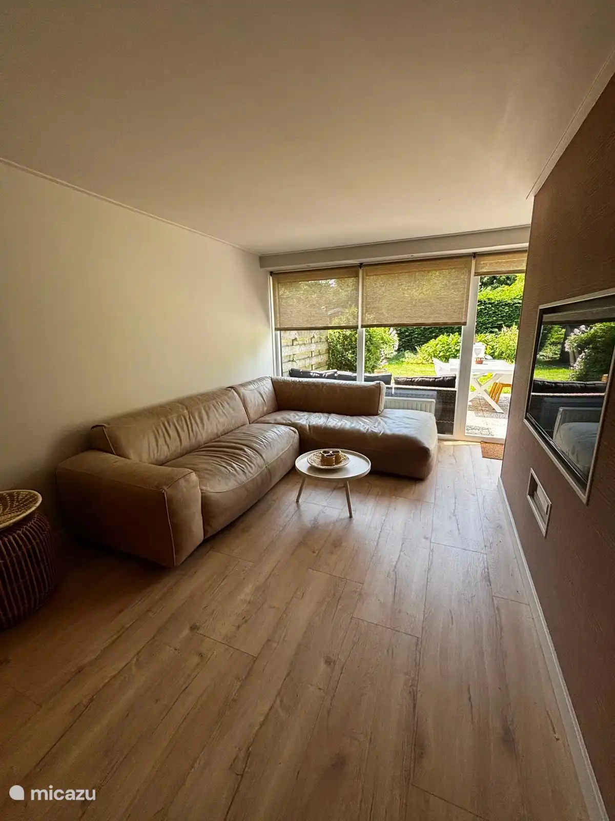 Salón con sofá de cuero y televisión