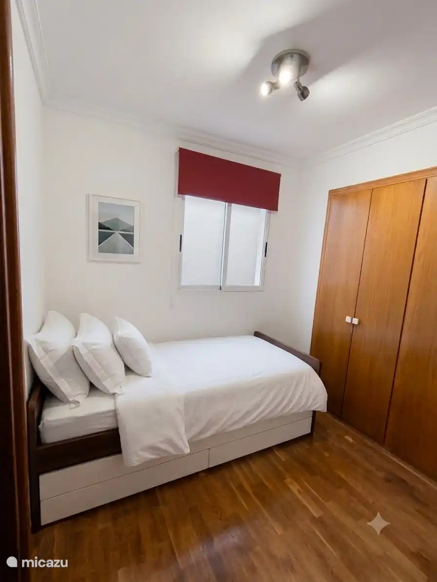Een slaapkamer voor twee kinderen of jonge tieners met twee bedden van 90 bij 200 cm, waarvan er één is ingebouwd.