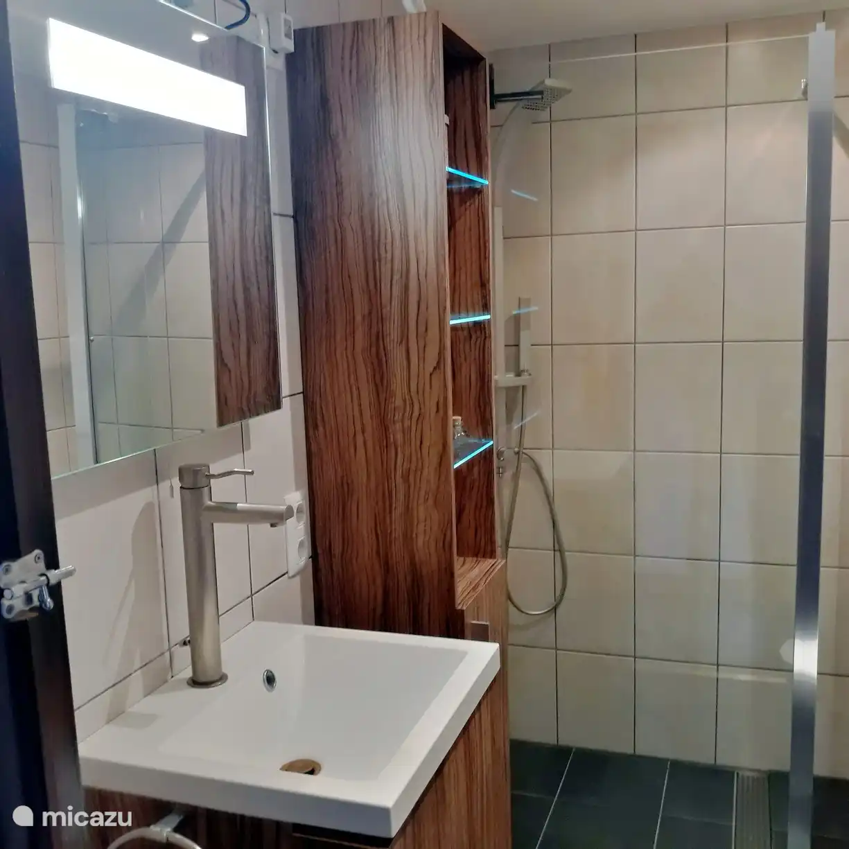 De badkamer voorzien van wastafel, regendouche en toilet