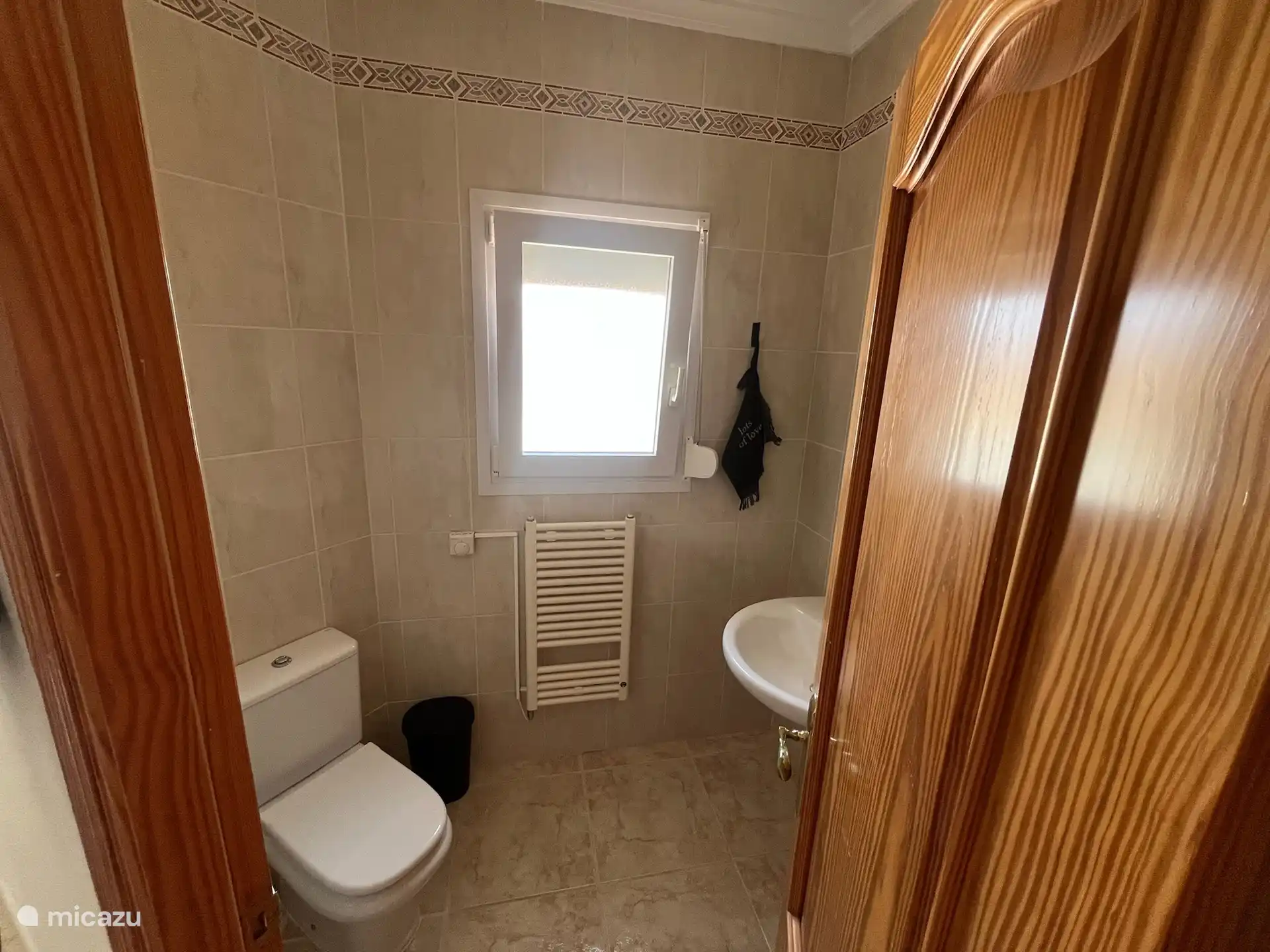 Toilettes spacieuses séparées avec lavabo.