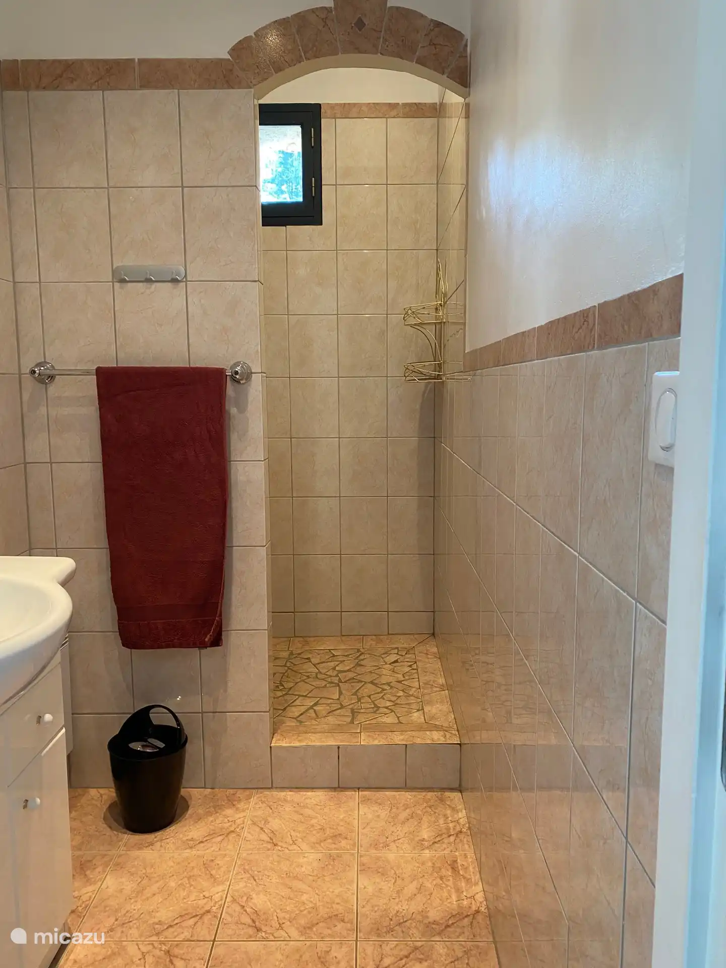Salle de bain avec lavabo et douche.
Les toilettes sont séparées.