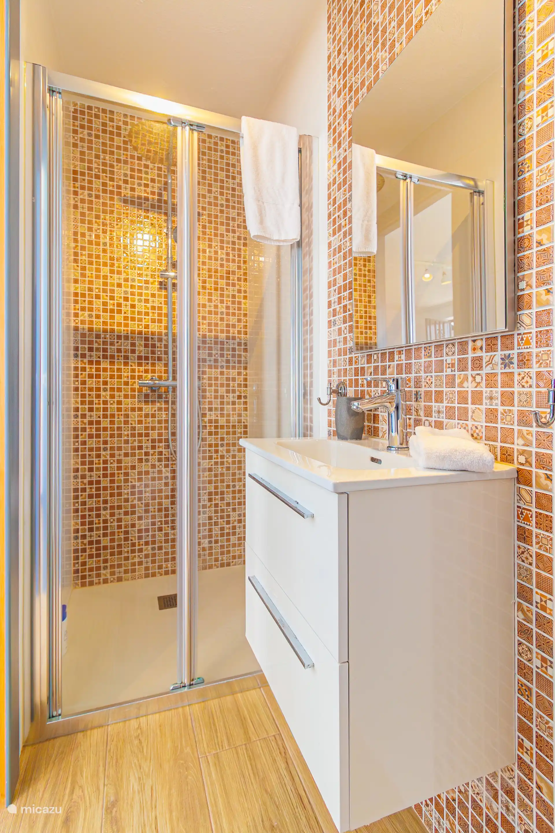 Moderne badkamer met douche in één van de gastenverblijven