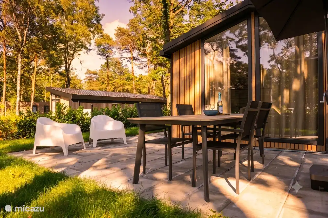 Terras met loungestoelen en vierpersoonstuinset
