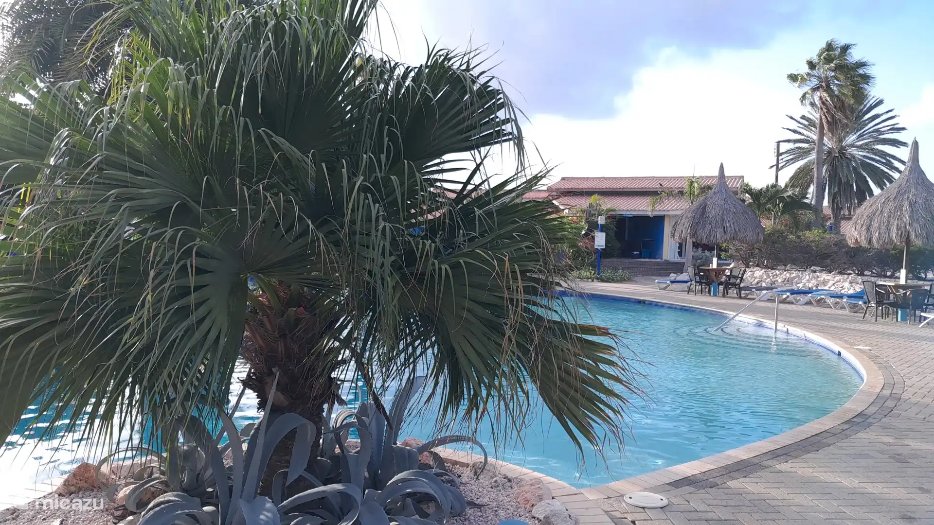 Vista desde la terraza hacia la gran y acogedora piscina del complejo.