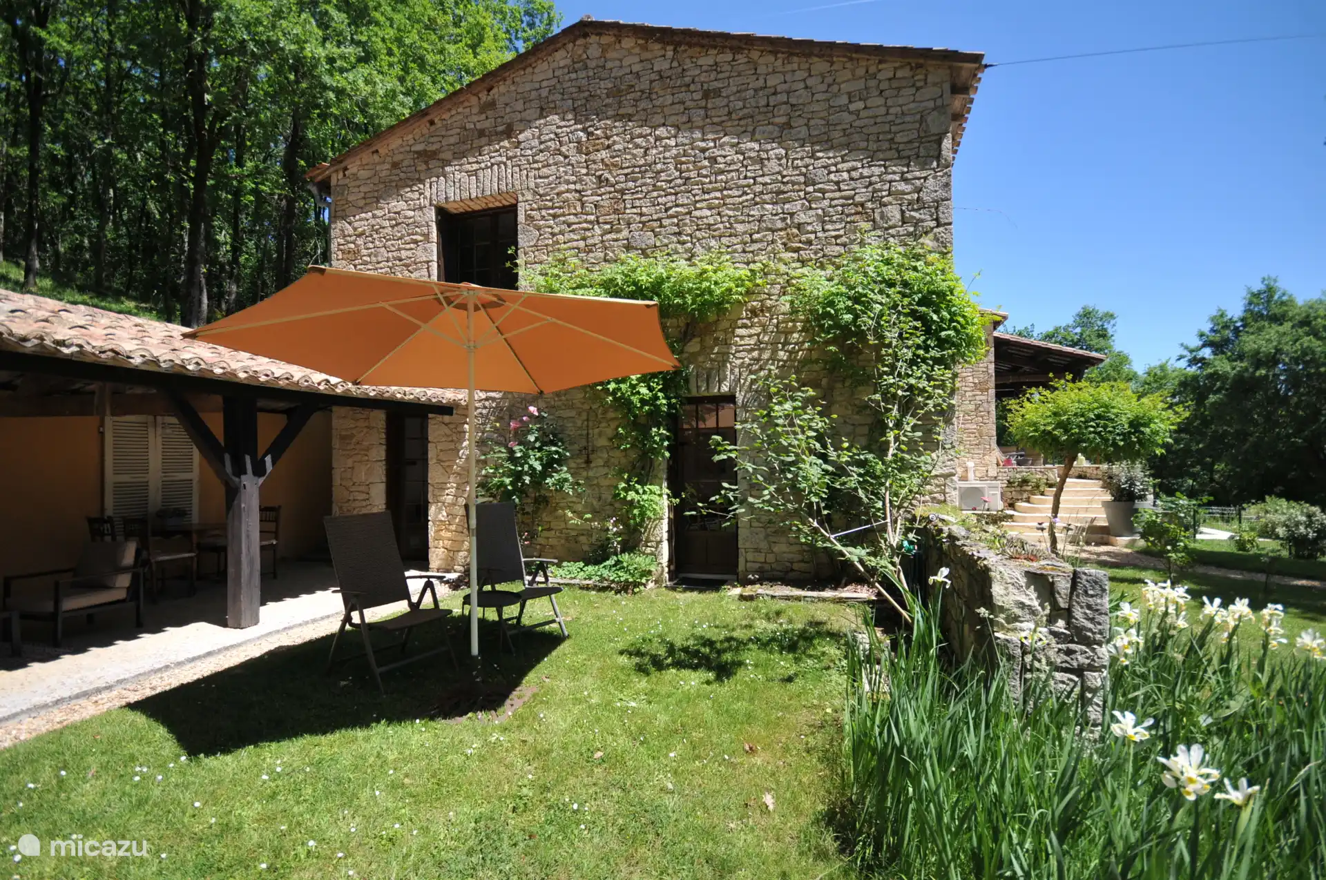 Jardin près de la canopée avec parasol et aires de jeux relaxantes