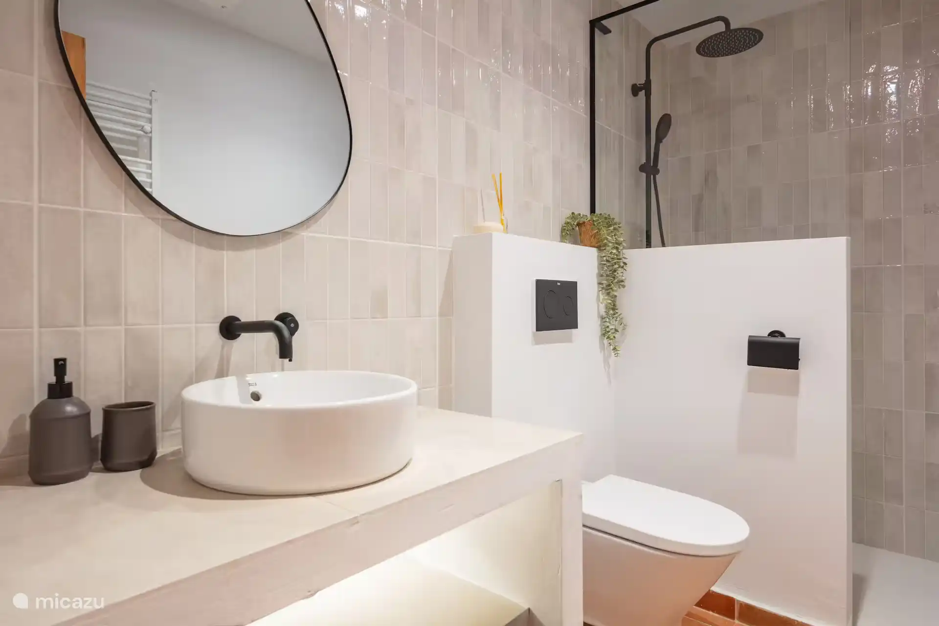 Salle de bain 2. Toilettes, douche à italée, lavabo. Ce point est partagé par la chambre 2 et la chambre 3. Le sèche-cheveux est là. 