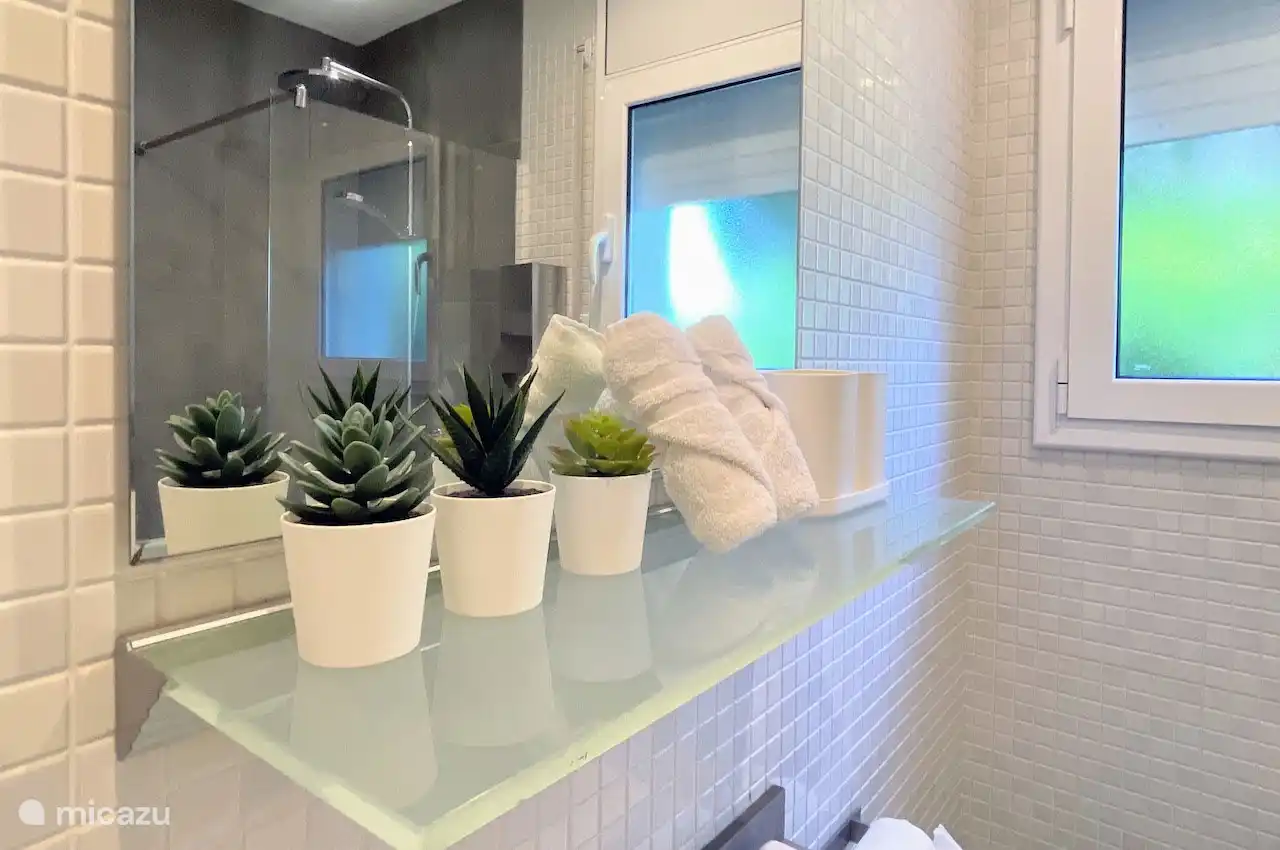 Salle de bain au rez-de-chaussée avec une grande douche à l’italienne et robinet thermostatique avec douche de pluie. Nous fournissons suffisamment de linge de bain en standard : y compris un tapis de bain, des serviettes pour invités et un rouleau de papier toilette.