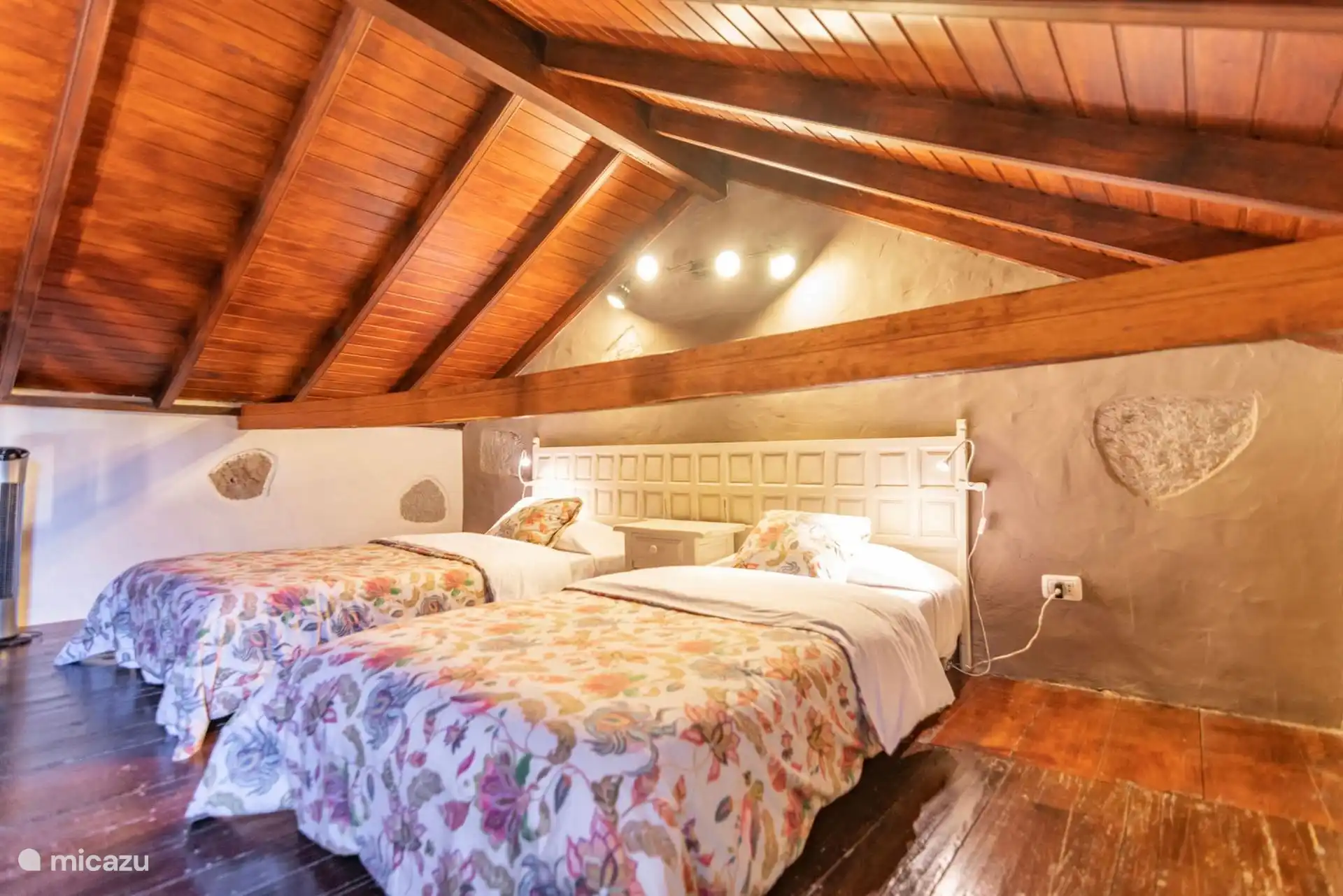 Slaapkamer met twee eenpersoonsbedden en een houten schuin plafond