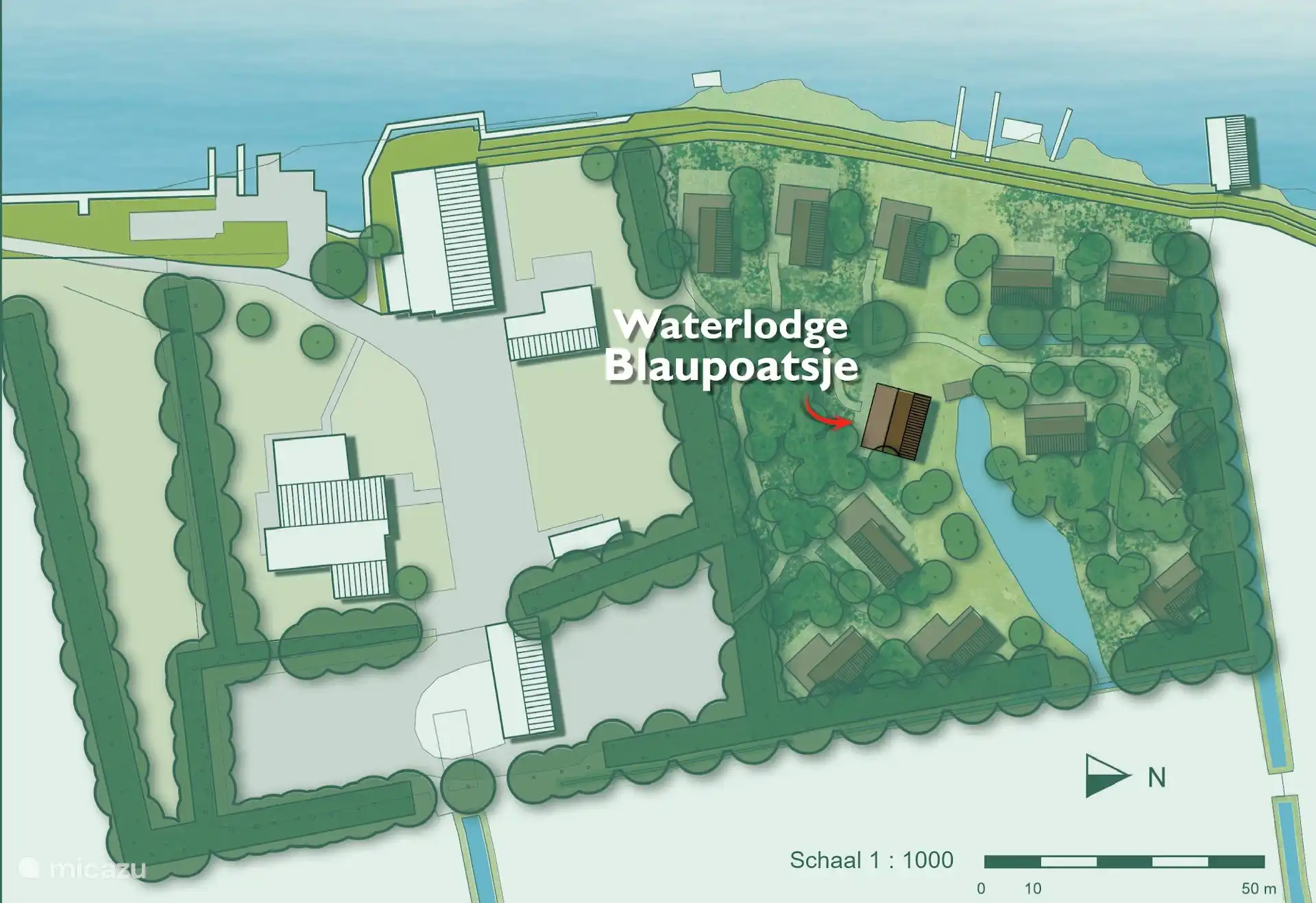 Plattegrond van het park met de ligging van Waterlodge Blaupoatsje.