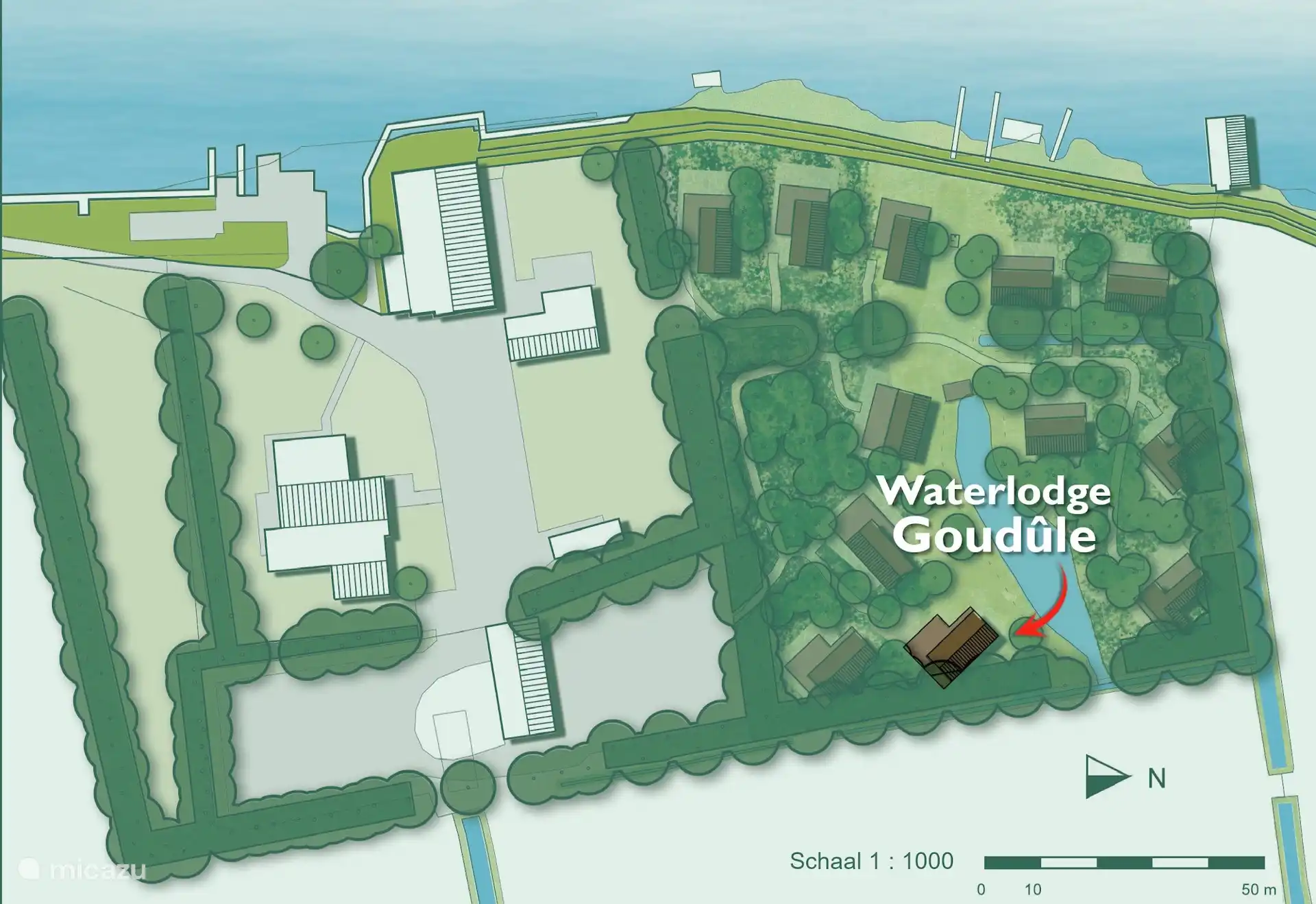 Plattegrond van het park met de locatie van Waterlodge Goudûle.