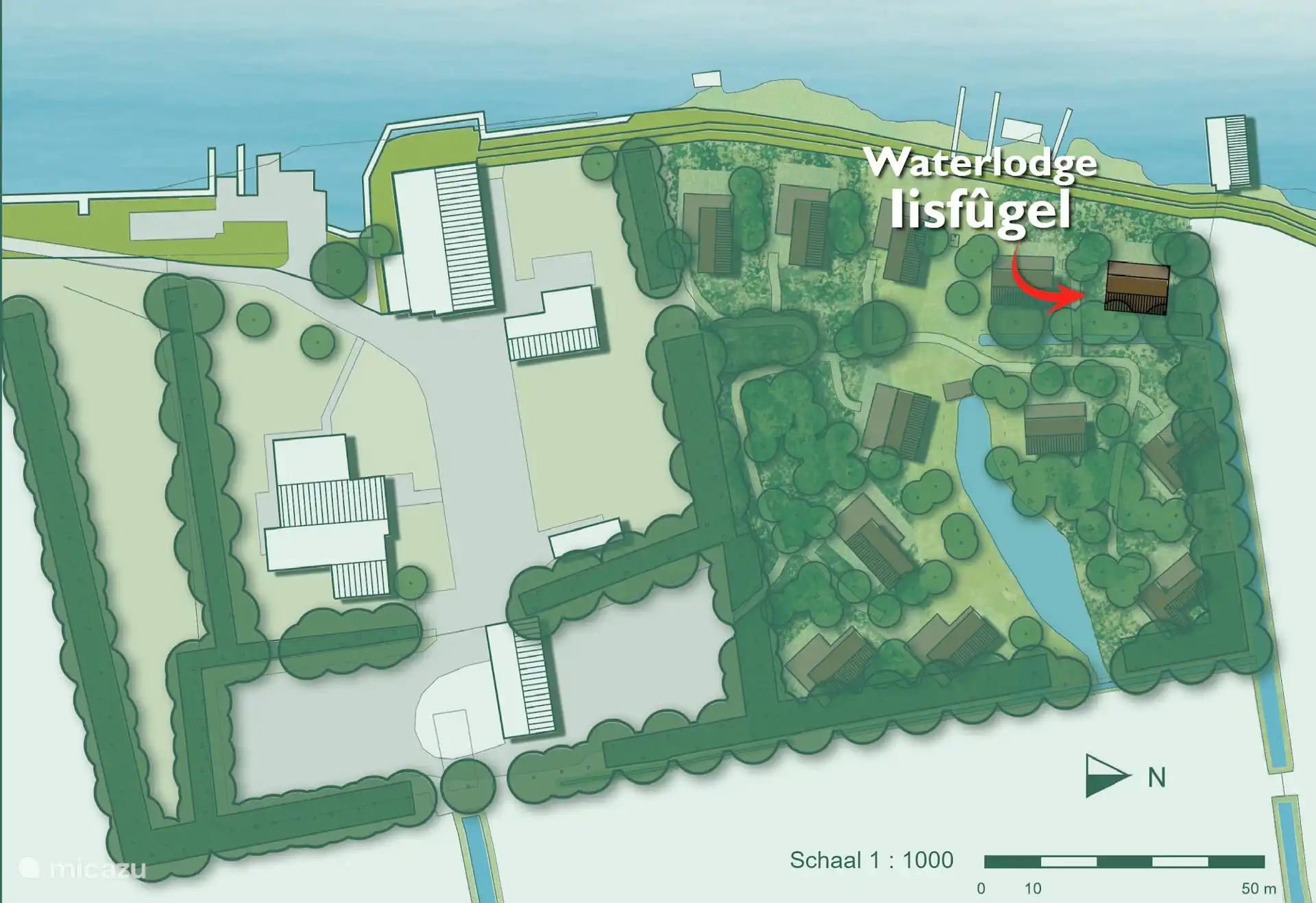 Plattegrond van park Pean-buiten met de ligging van Waterlodge Iisfûgel aangegeven.