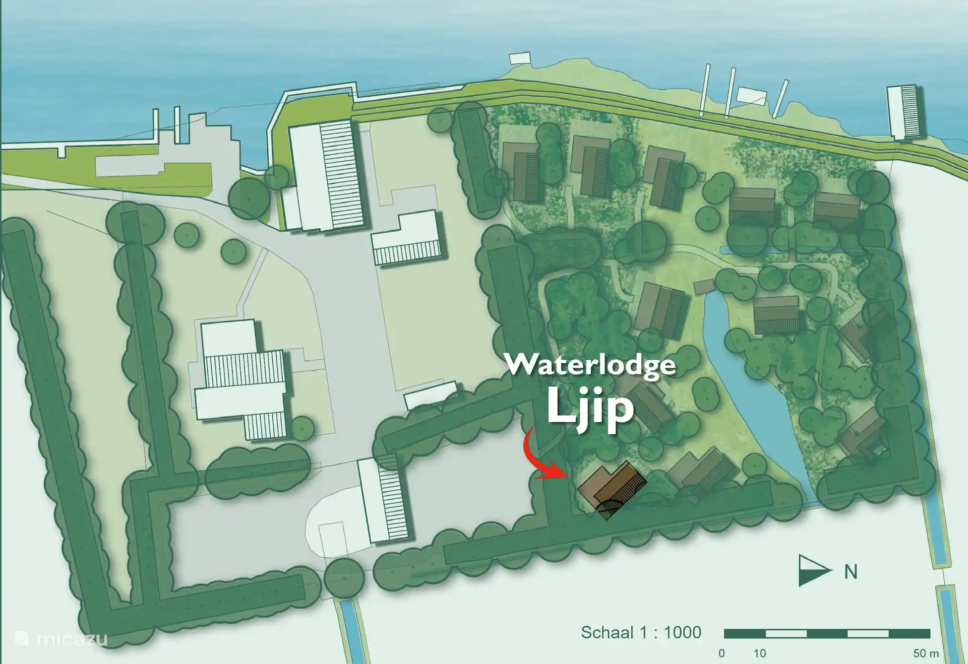 Plattegrond van Pean-buiten met de ligging van Waterlodge Ljip