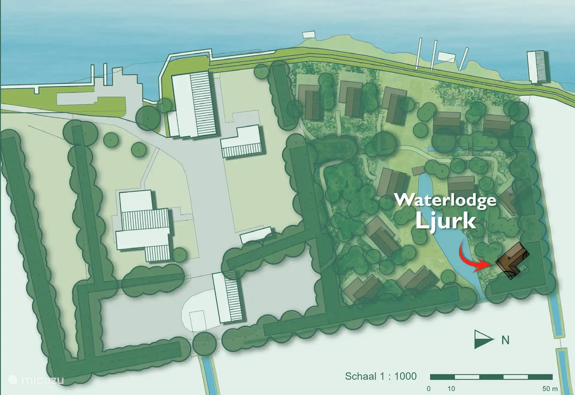 Plattegrond van het park met de locatie van Waterlodge Ljurk.