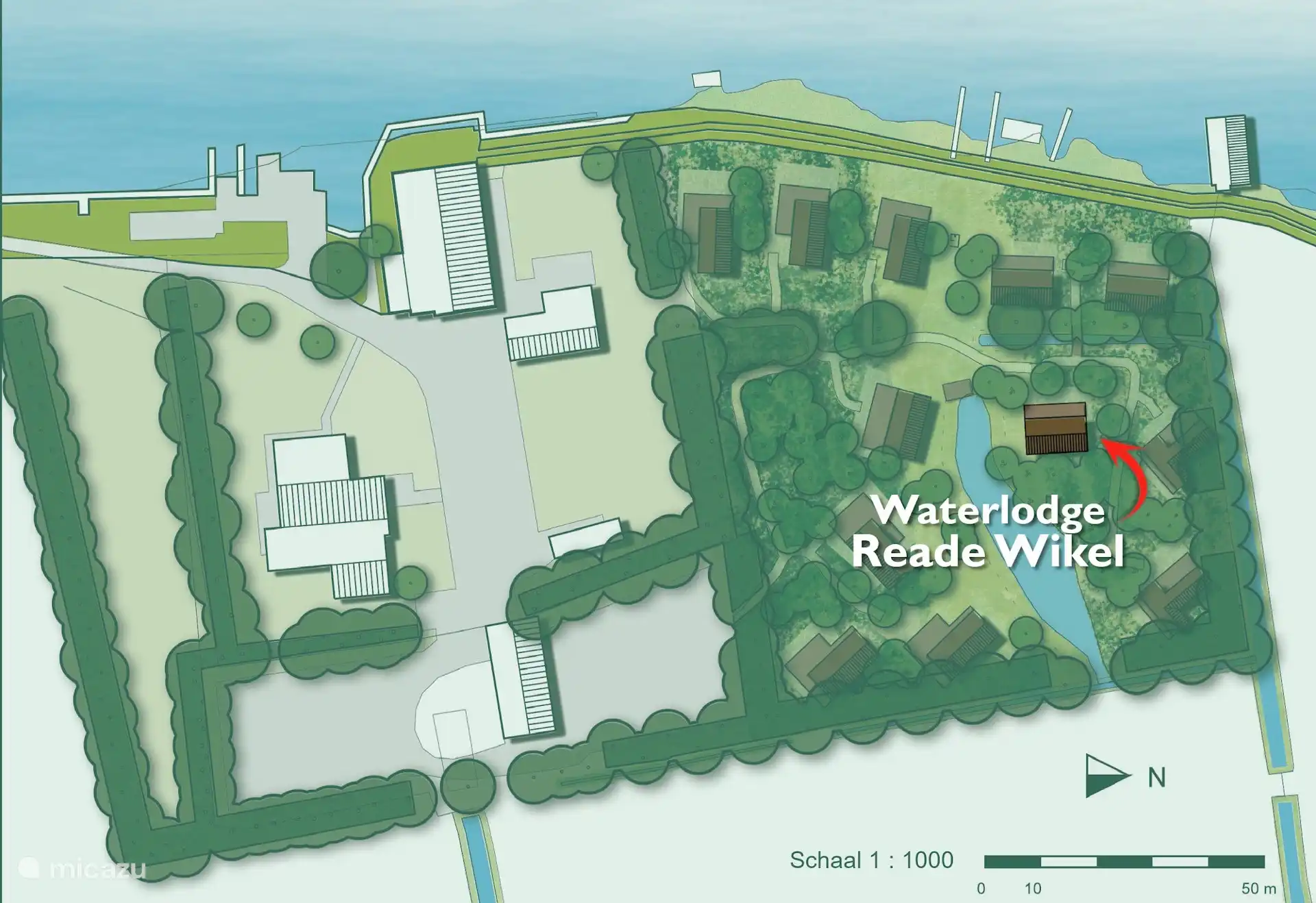 Plattegrond van park Pean-buiten met de ligging van Waterlodge Reade Wikel.