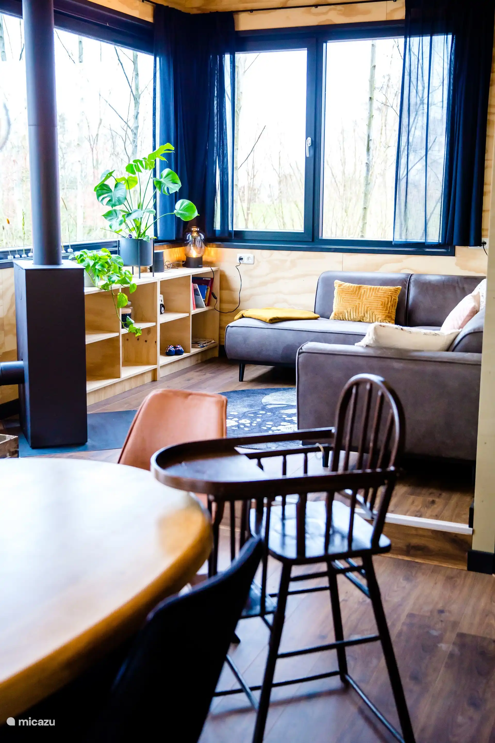 Gezellige woonkamer met houtkachel en comfortabele zithoek.