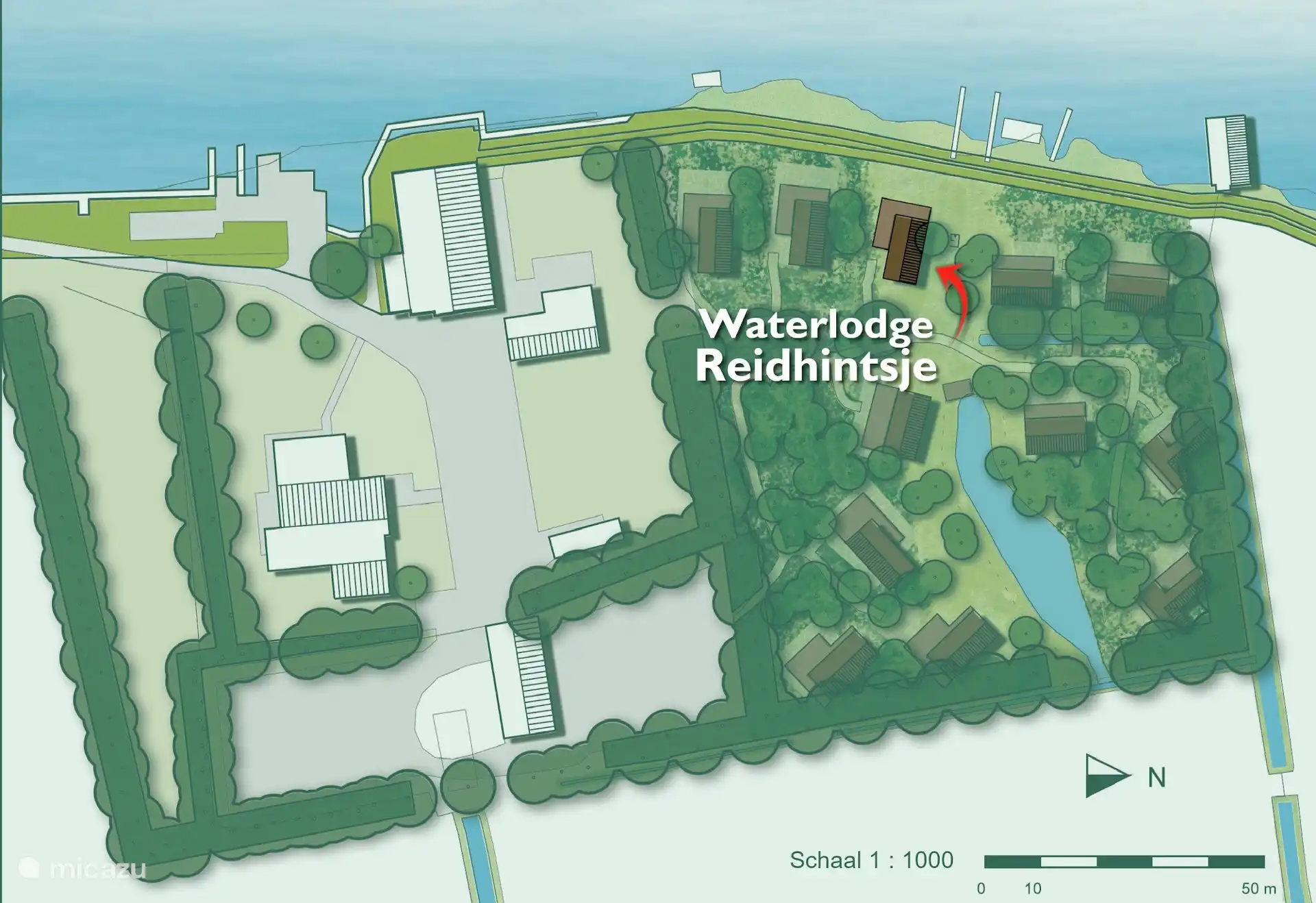 Plattegrond van het park met de ligging van Waterlodge Reidhintsje.