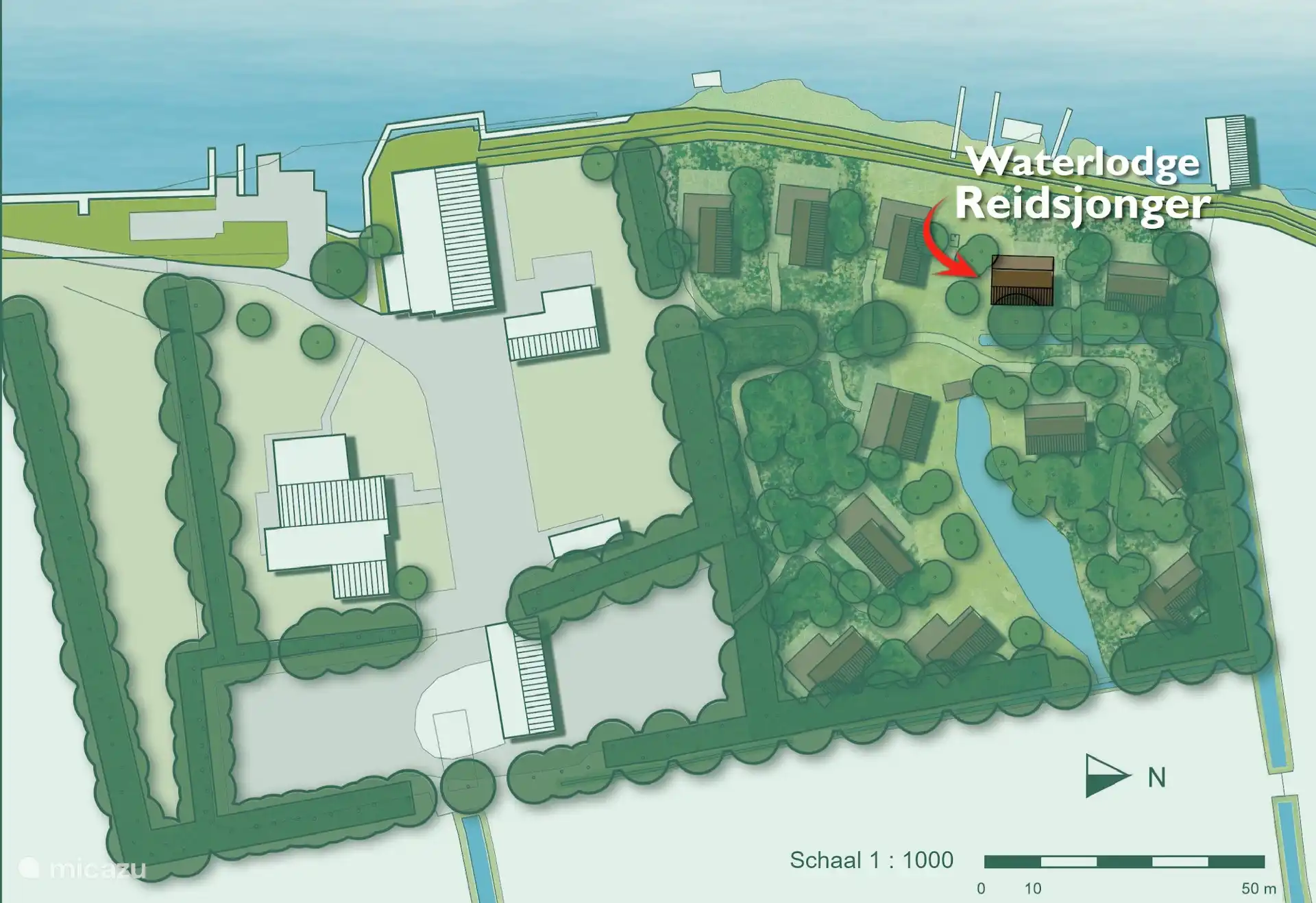 Plattegrond van park Pean-buiten met de ligging van Waterlodge Reidsjonger aangegeven.