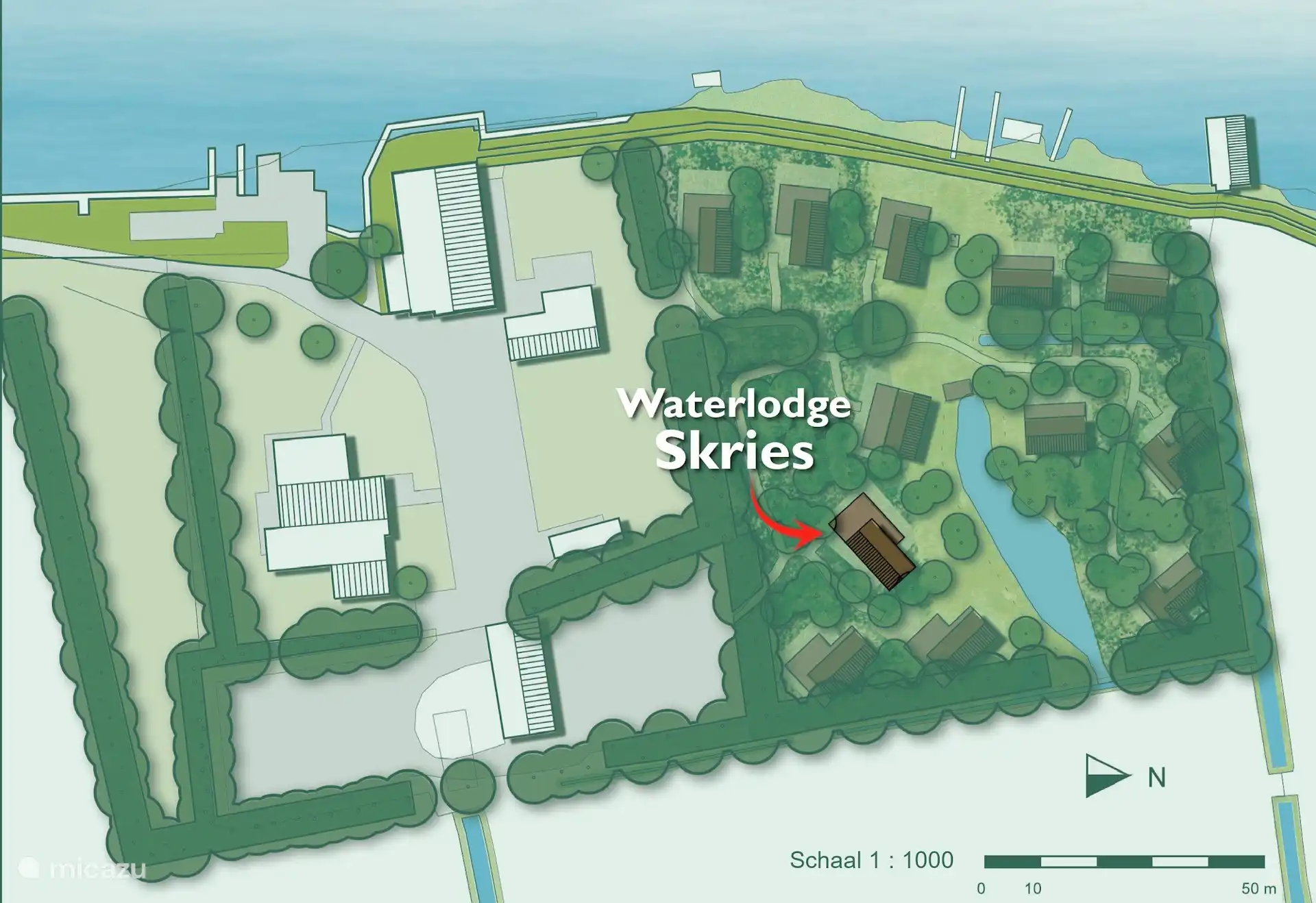 Plattegrond van Pean-buiten met de ligging van Waterlodge Skries