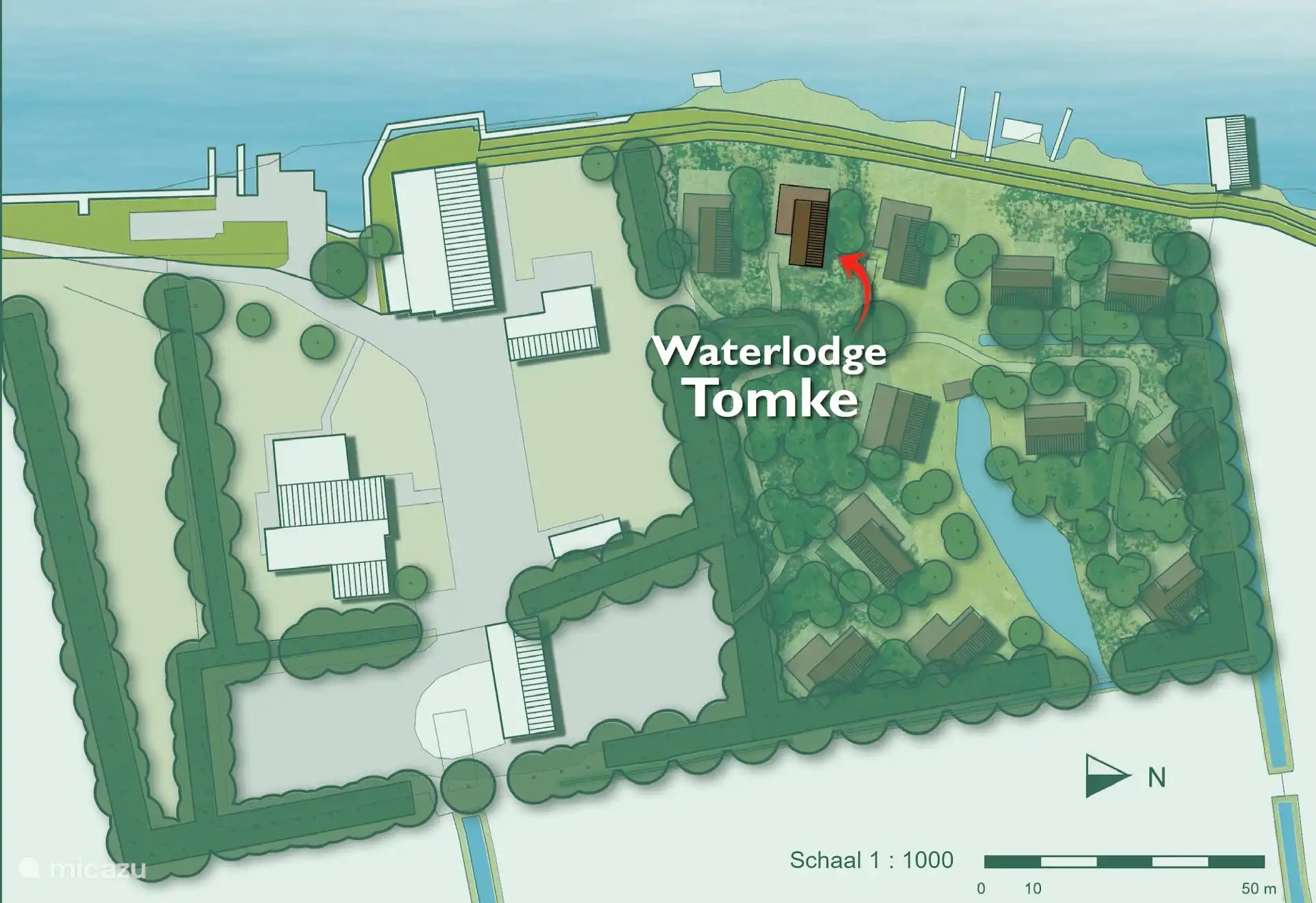 Plattegrond van het park met de ligging van Waterlodge Tomke.