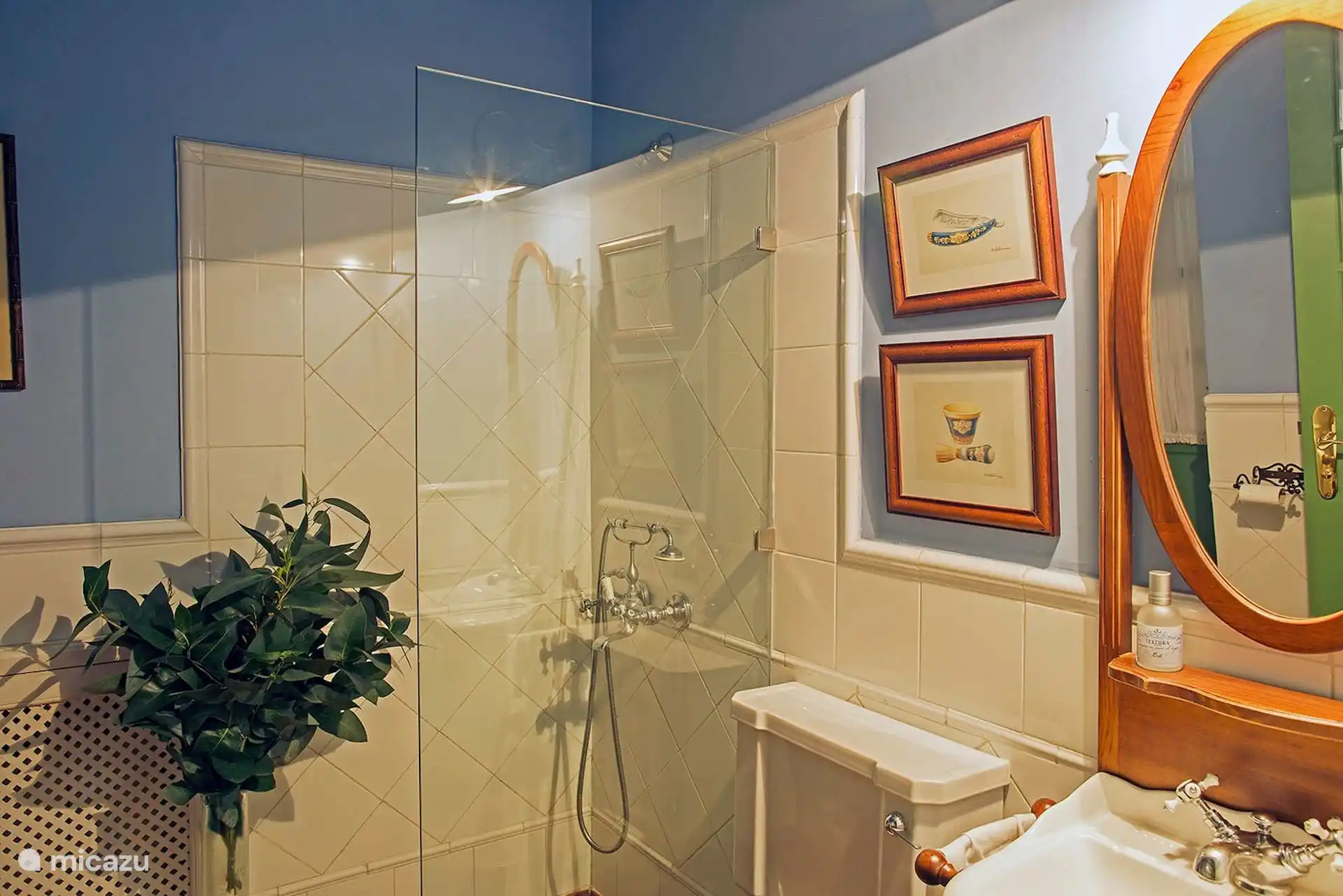 Bathroom with glazed shower and wooden mirror