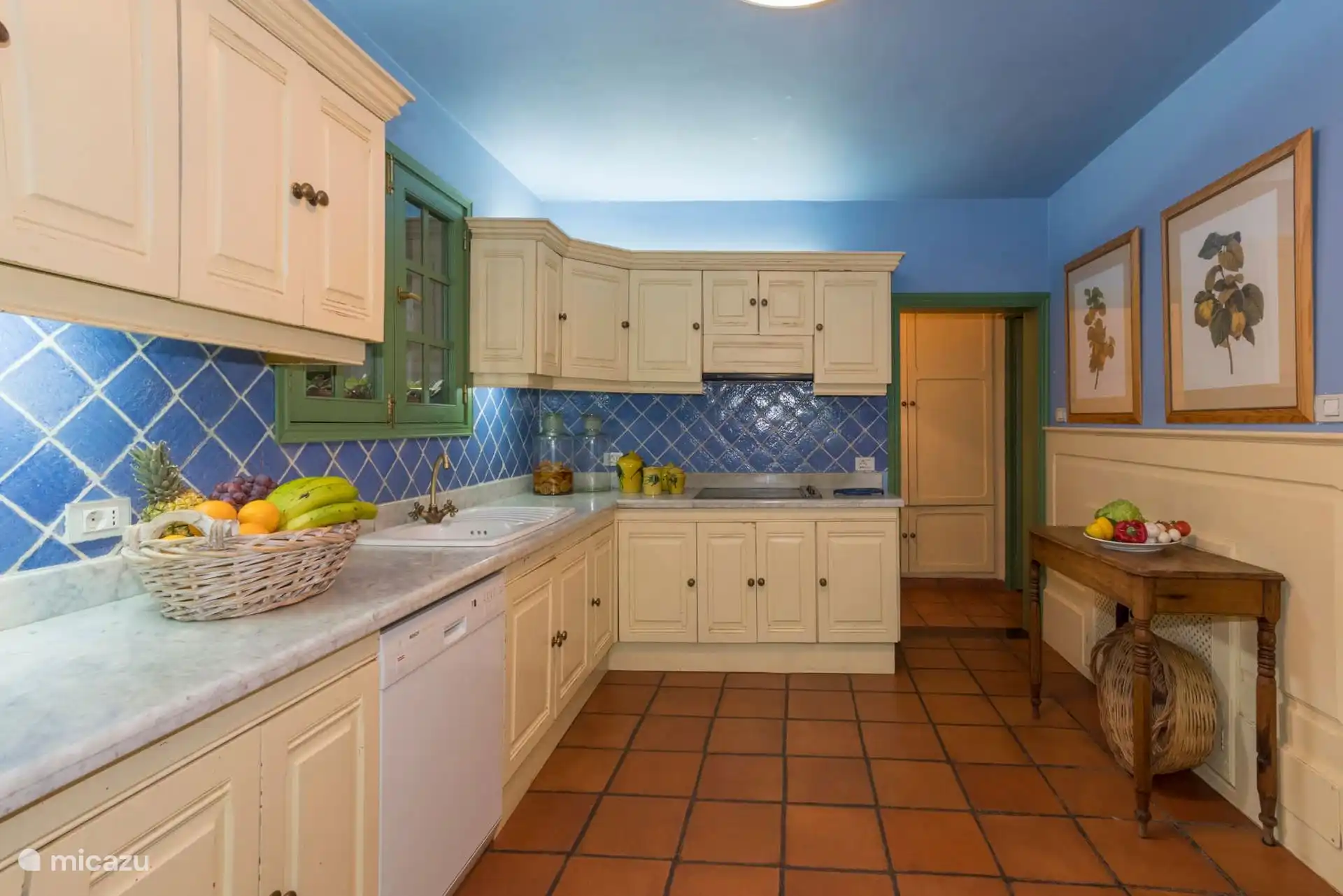 Kitchen equipped with blue tiles and dishwasher