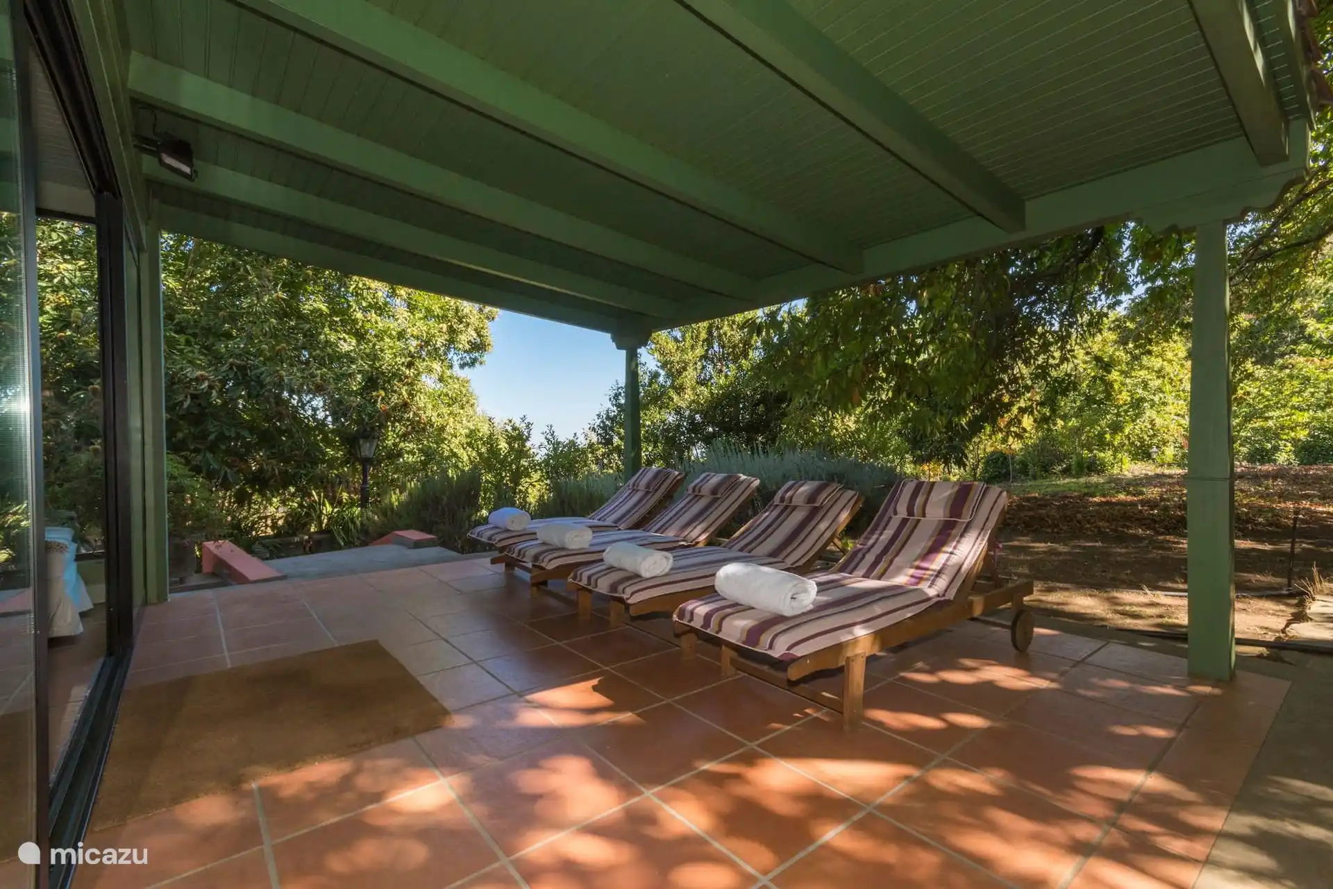 Covered terrace with sun loungers and views of the trees