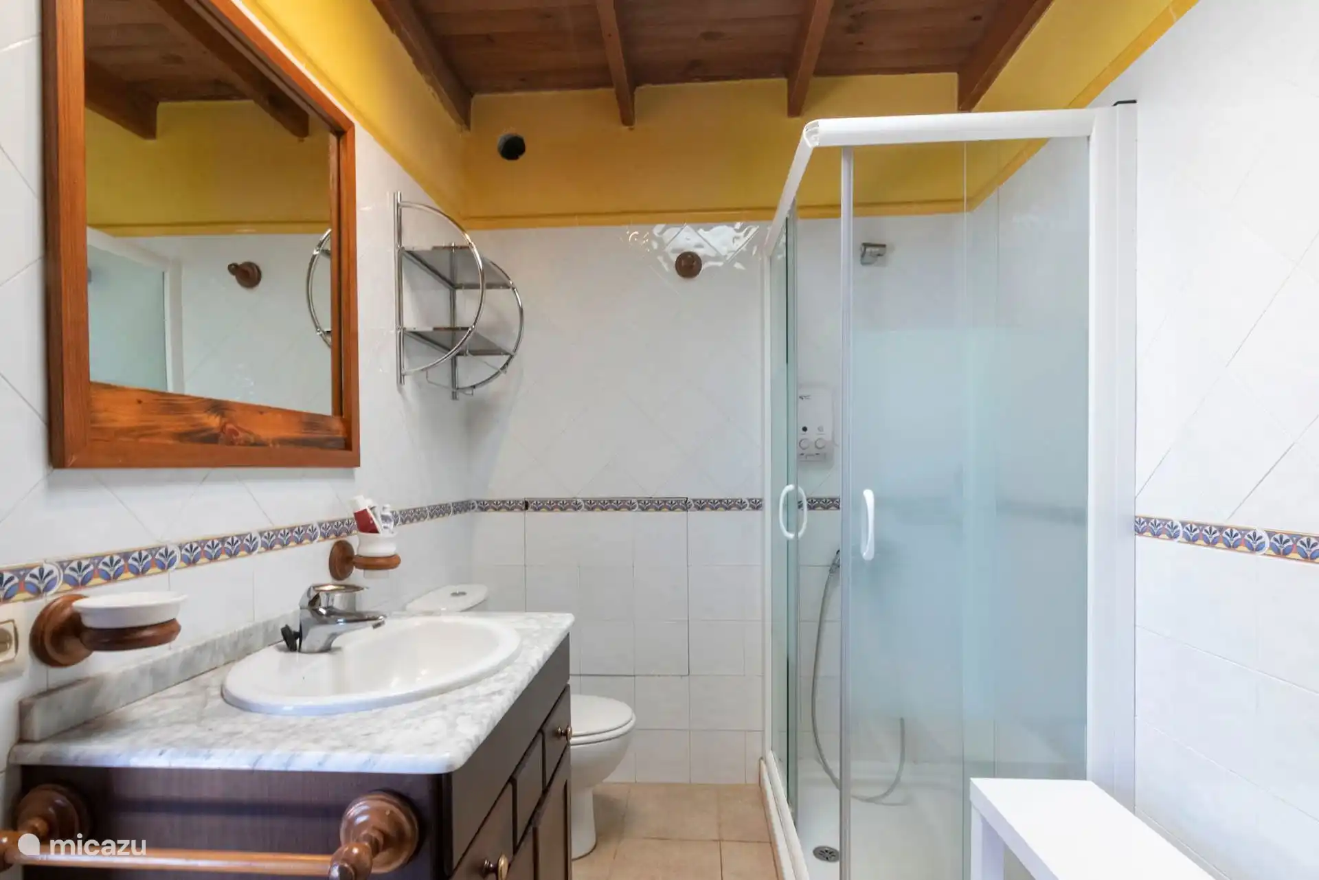 Badkamer met cabinedouche, wastafel en spiegel.