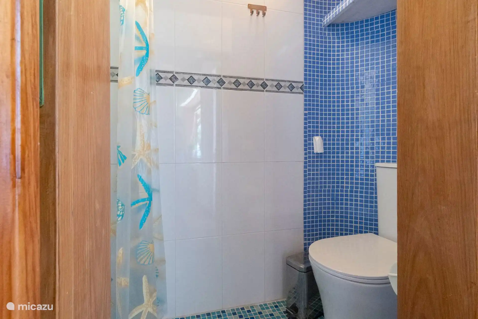 Tweede badkamer met douche en blauwe tegels.