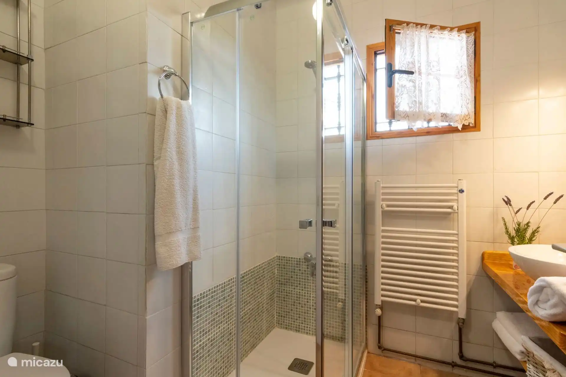 Baño con ducha de mampara, toallero y ventana.