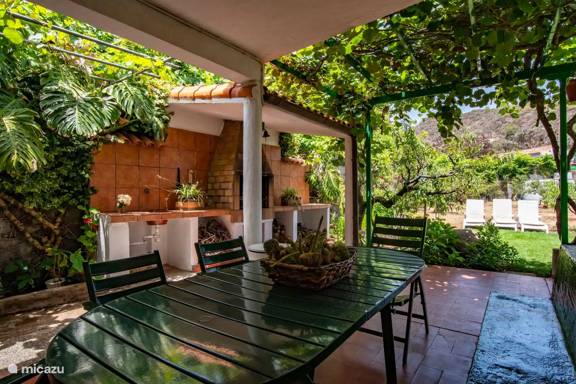 Comedor exterior bajo el parral, junto a la barbacoa.
