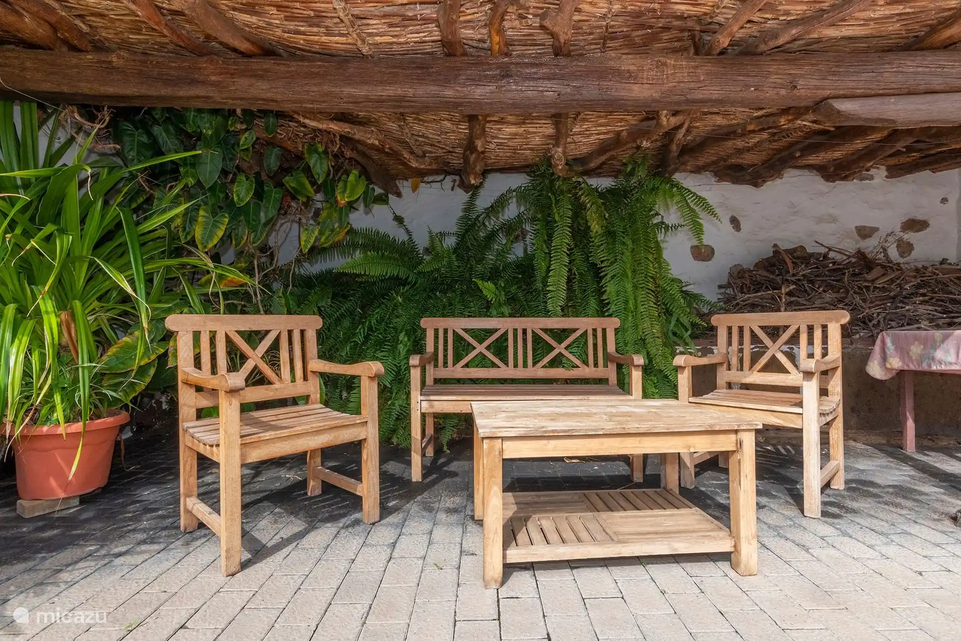 Zona de estar cubierta, con bancos de madera y plantas.