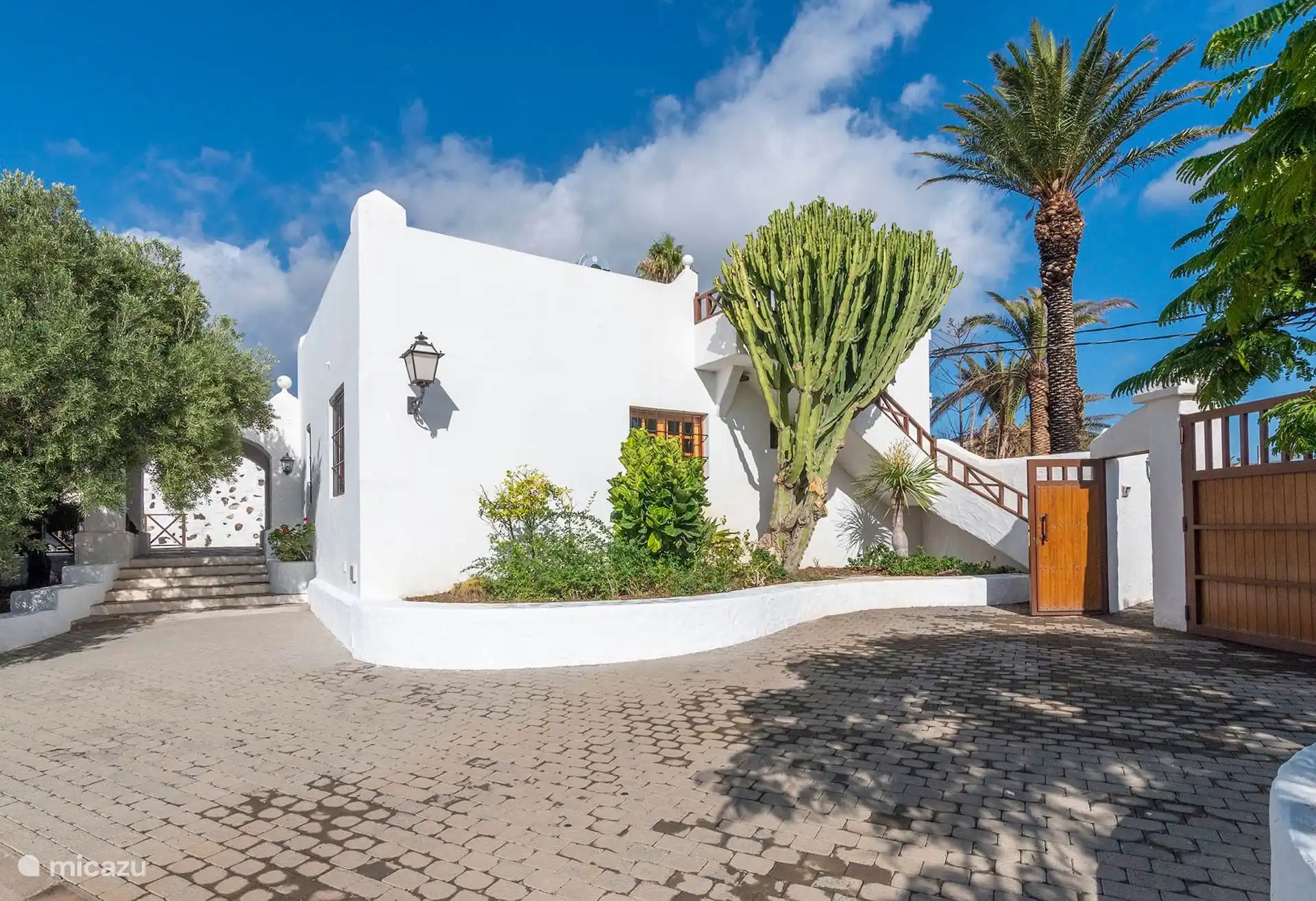 Patio empedrado con la casa encalada y las palmeras.