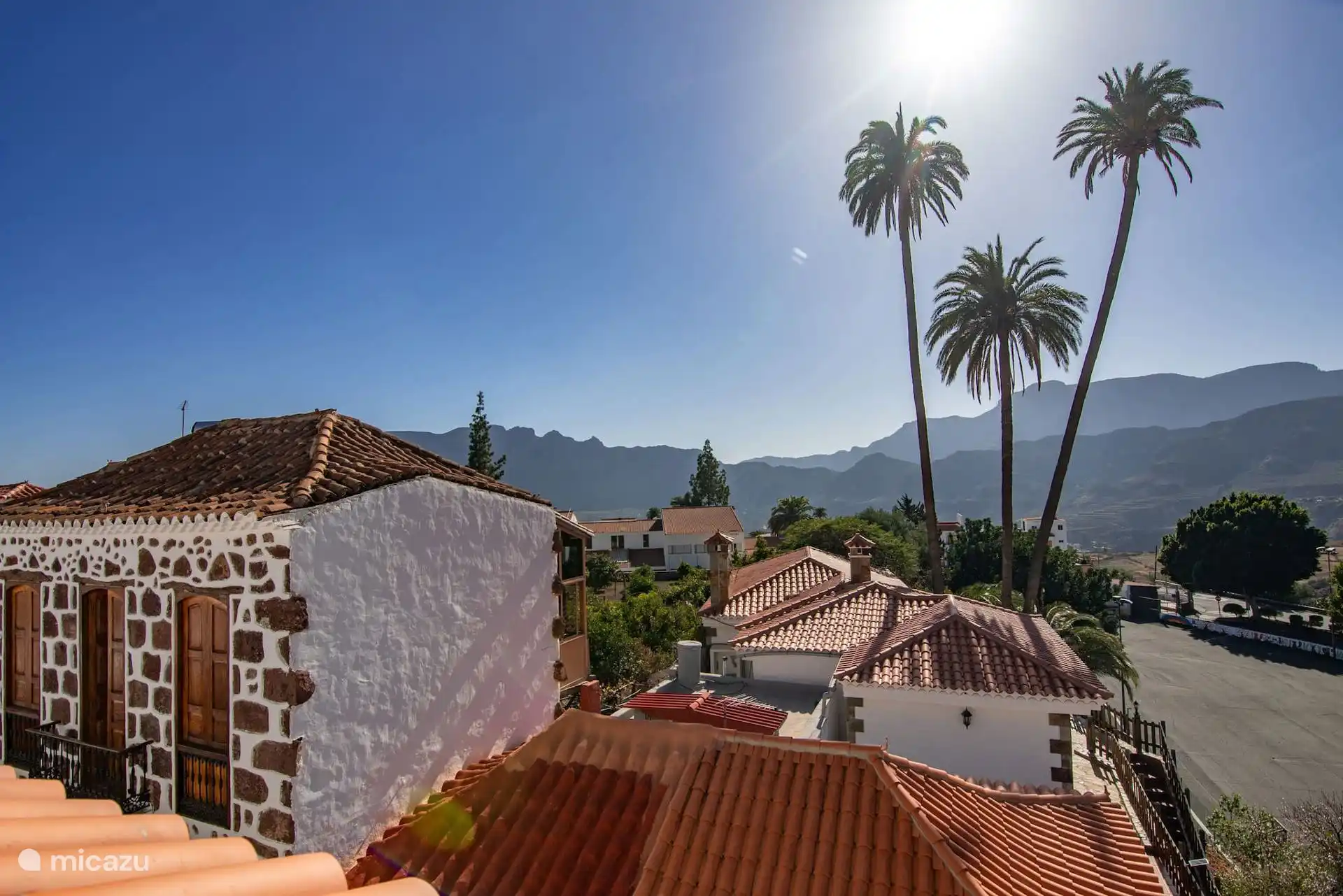 Dorpsdaken met bergen en palmbomen op de achtergrond.